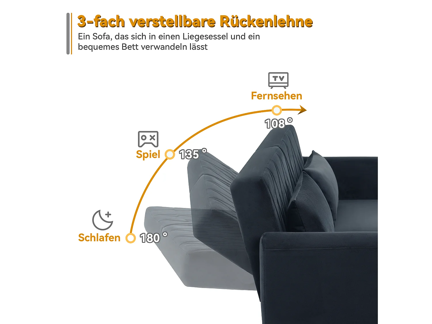 Divano letto, divano a 2 posti in velluto, con poggiatesta e braccioli regolabili, nero (180x75x82 cm)