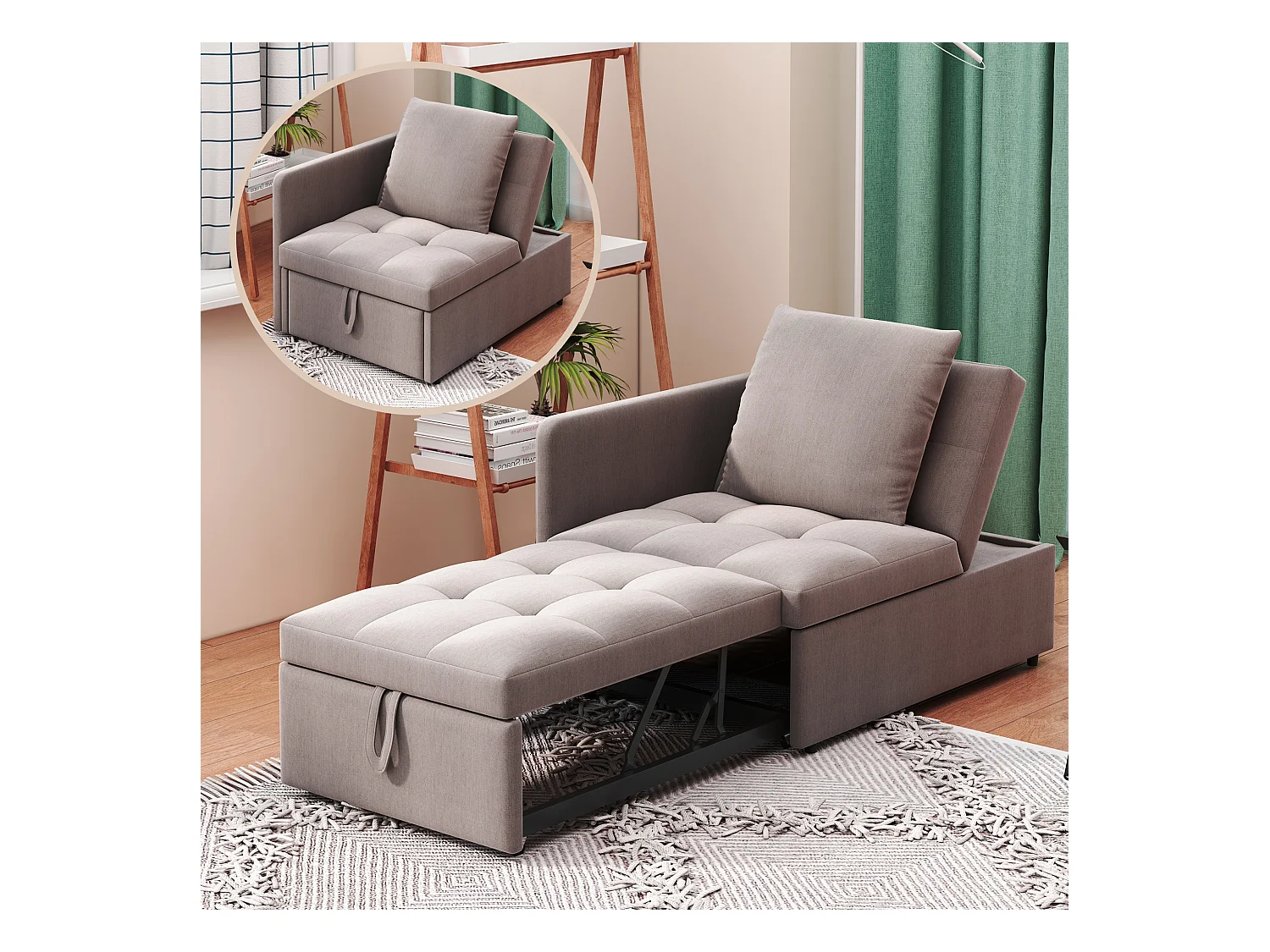 Canapé-lit 3 en 1, canapé multifonction en lin avec dossier réglable, solution gain de place, gris, (L177 x l68 x H65 cm)