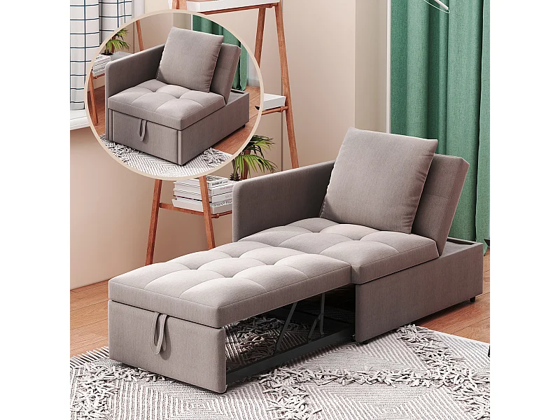 Canapé-lit 3 en 1, canapé multifonction en lin avec dossier réglable, solution gain de place, gris, (L177 x l68 x H65 cm)