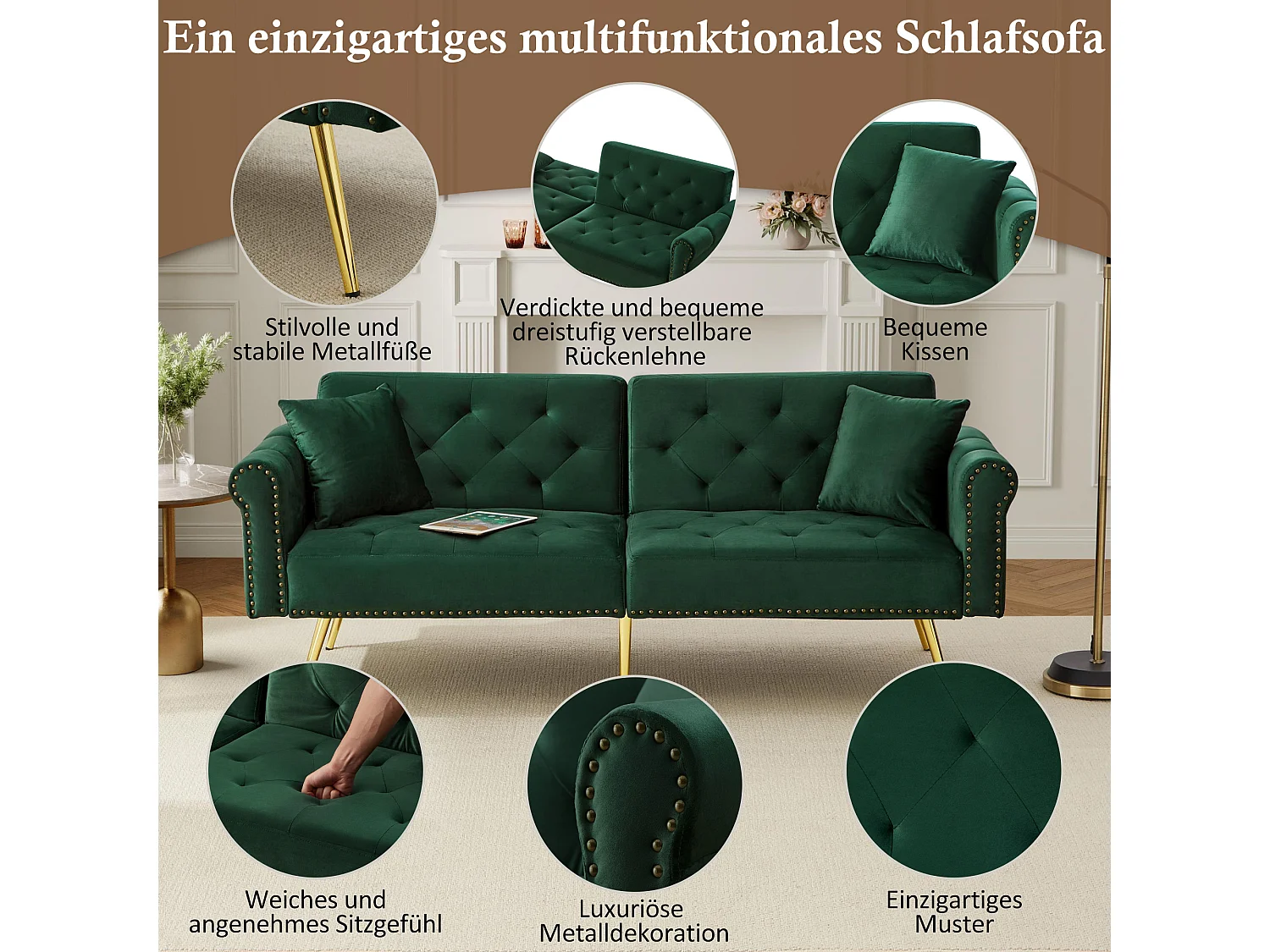 2-zits slaapbank, fluweel, 3-voudig verstelbare rugleuning, gouden metalen poten, bedfunctie, beige (173x75x70 cm)