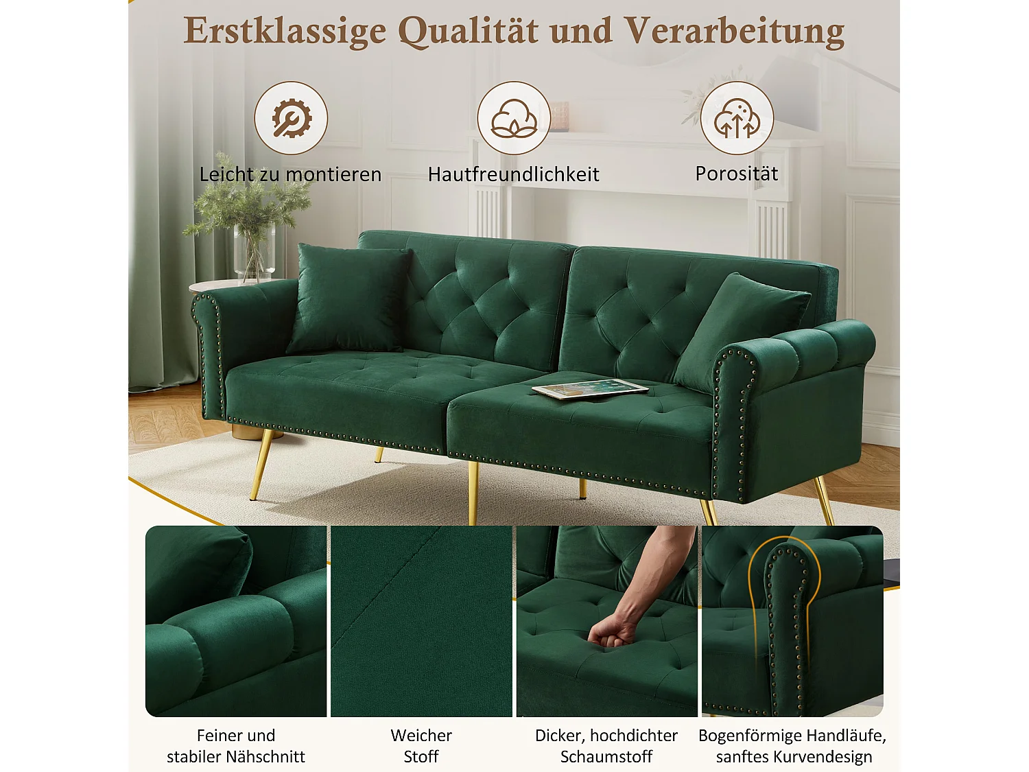 2-zits slaapbank, fluweel, 3-voudig verstelbare rugleuning, gouden metalen poten, bedfunctie, beige (173x75x70 cm)