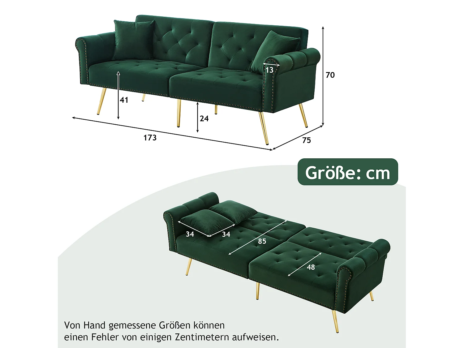2-zits slaapbank, fluweel, 3-voudig verstelbare rugleuning, gouden metalen poten, bedfunctie, beige (173x75x70 cm)