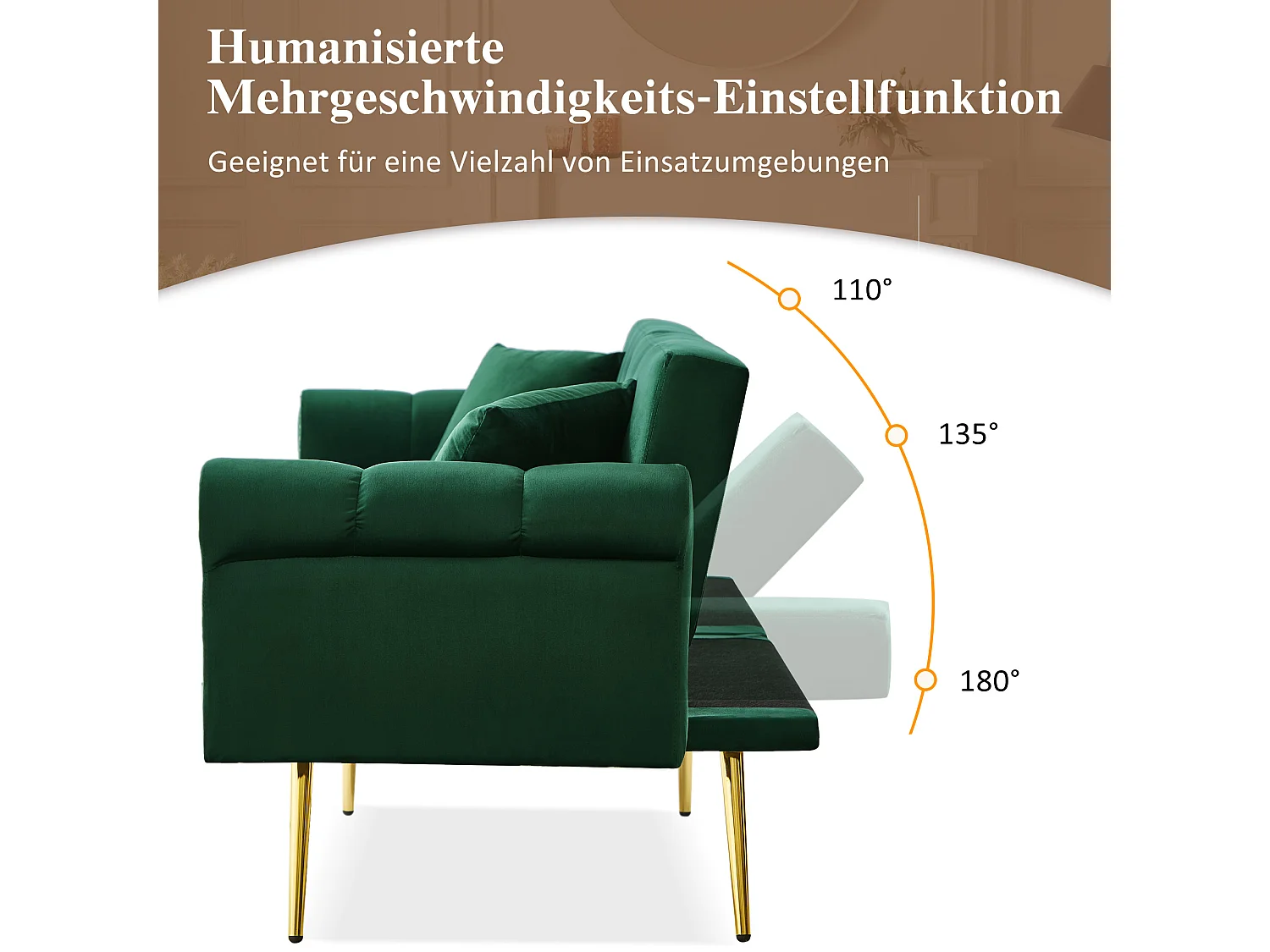 2-zits slaapbank, fluweel, 3-voudig verstelbare rugleuning, gouden metalen poten, bedfunctie, beige (173x75x70 cm)