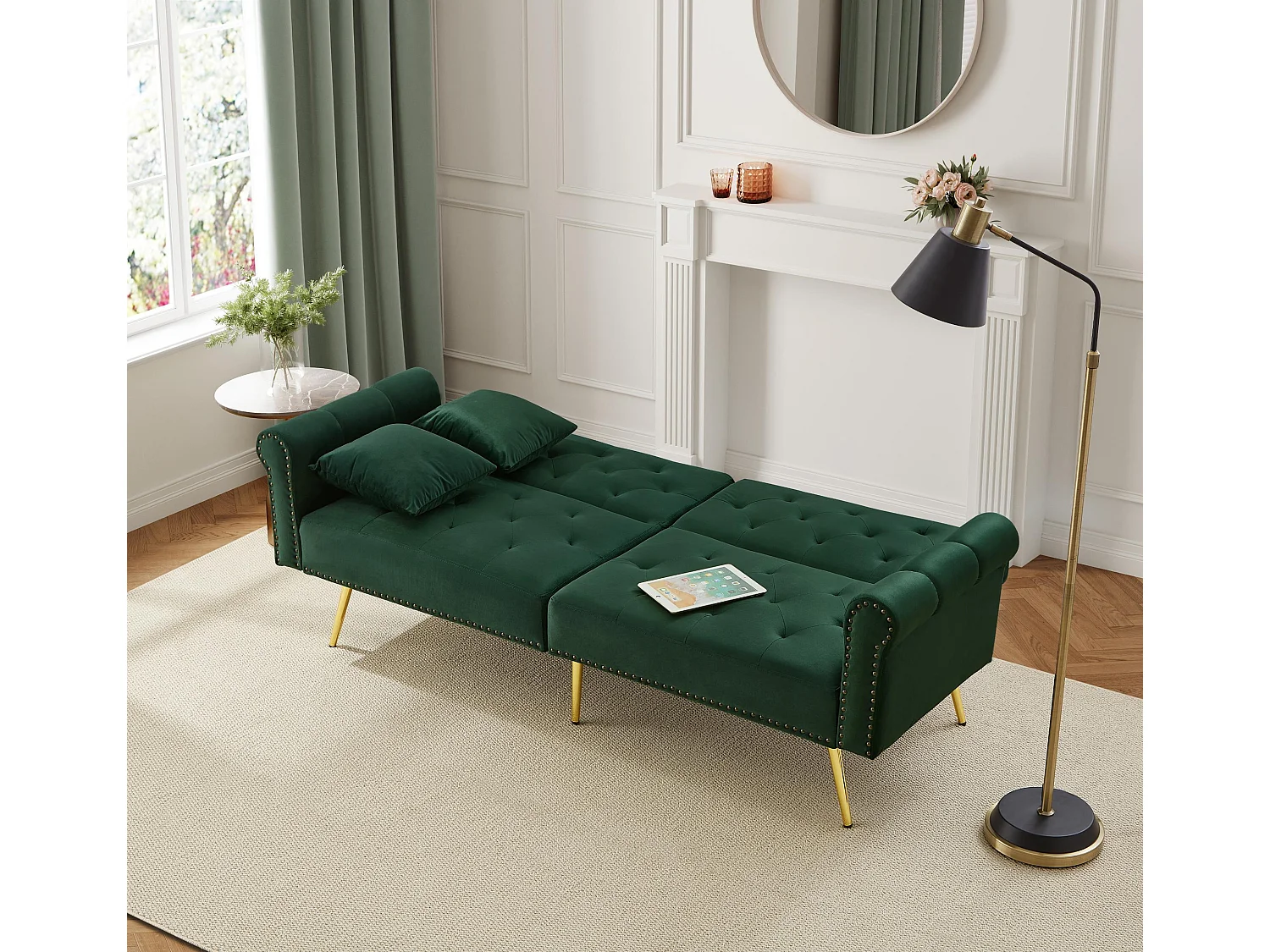 2-zits slaapbank, fluweel, 3-voudig verstelbare rugleuning, gouden metalen poten, bedfunctie, beige (173x75x70 cm)