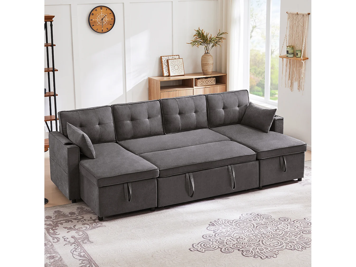 Canapé U convertible en lit, canapé avec rangement, coton et lin, gris (270x130x86 cm)