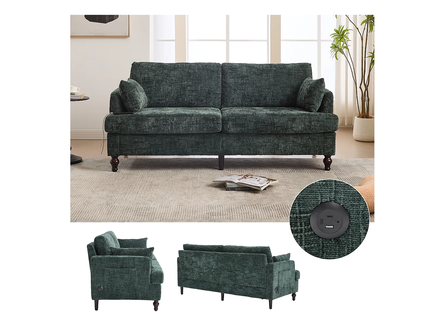 Canapé moderne 2 places en chenille avec pieds en bois, LED, port USB et rangement (175x83x78 cm)