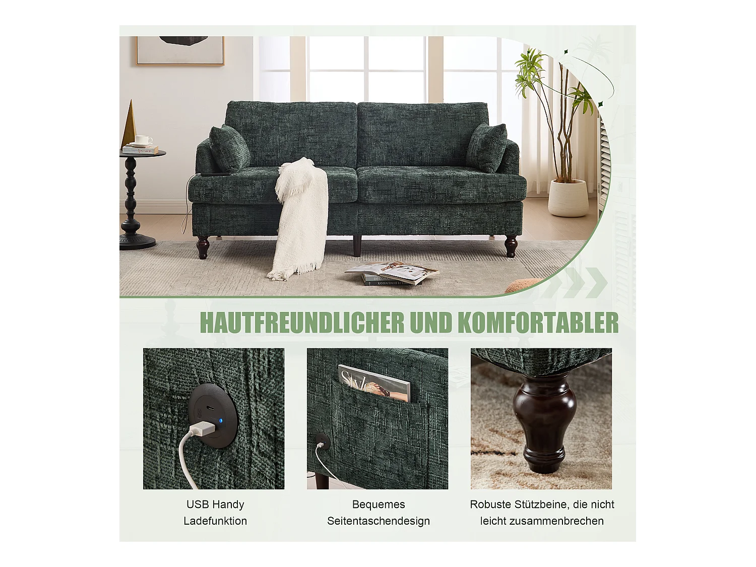 Canapé moderne 2 places en chenille avec pieds en bois, LED, port USB et rangement (175x83x78 cm)