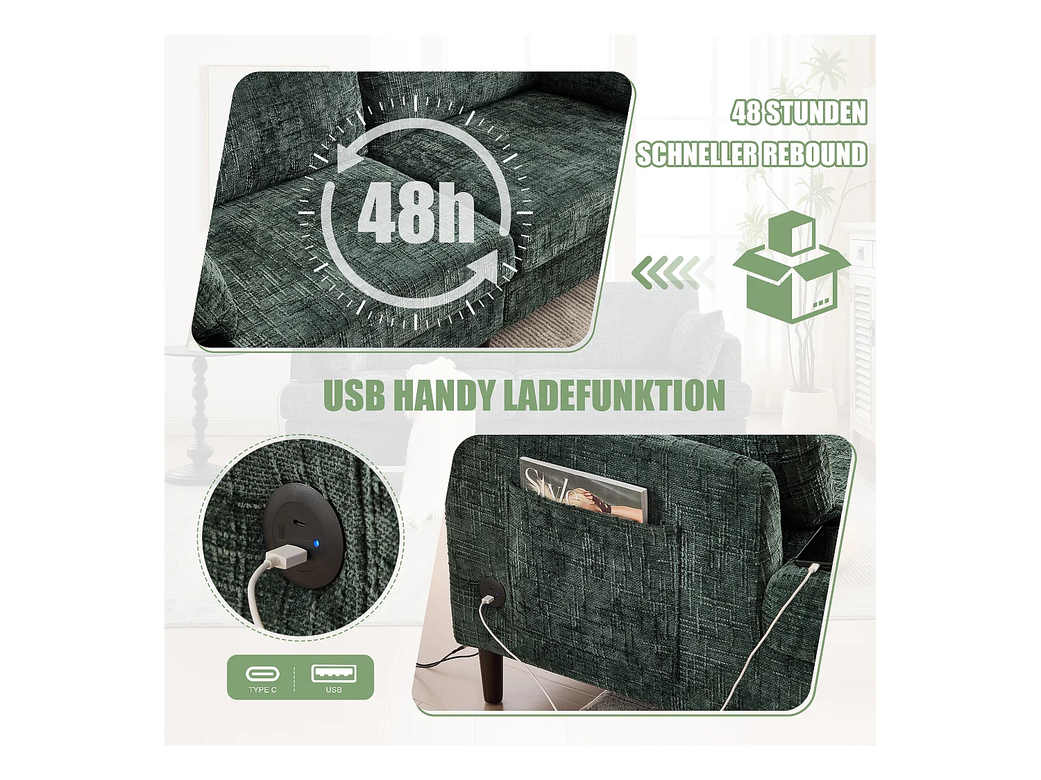 Canapé moderne 2 places en chenille avec pieds en bois, LED, port USB et rangement (175x83x78 cm)