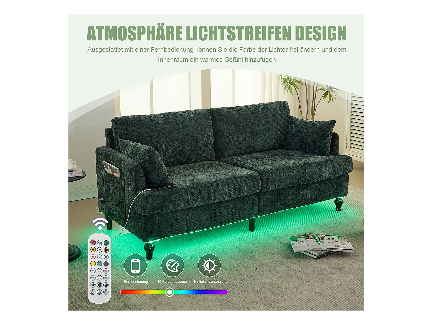 Canapé moderne 2 places en chenille avec pieds en bois, LED, port USB et rangement (175x83x78 cm)