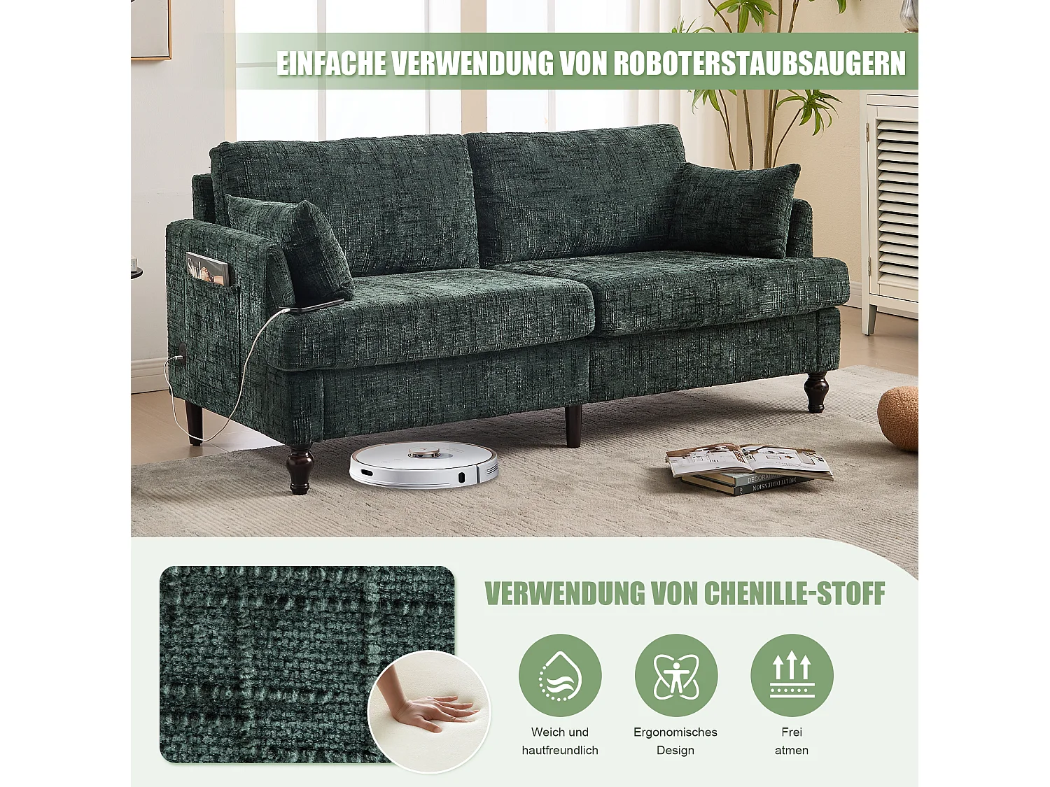 Moderne 2-zits chenillebank met houten poten, LED, USB-aansluiting en opbergruimte (175x83x78 cm)