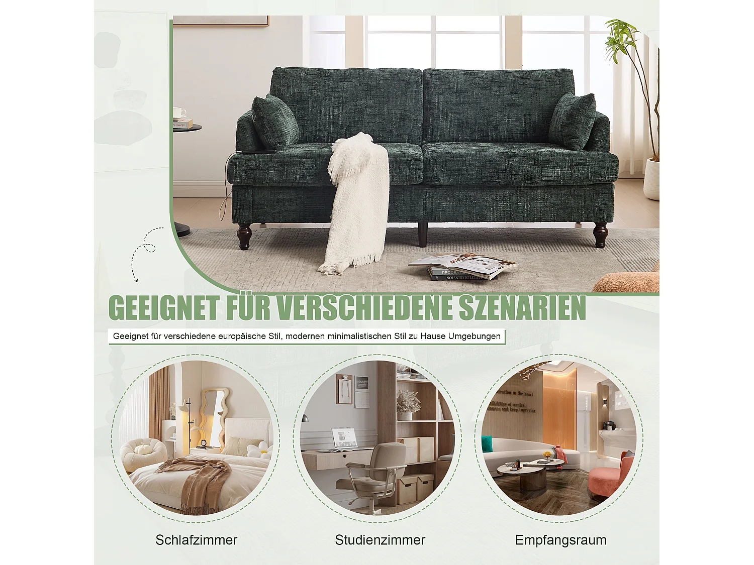 Moderne 2-zits chenillebank met houten poten, LED, USB-aansluiting en opbergruimte (175x83x78 cm)