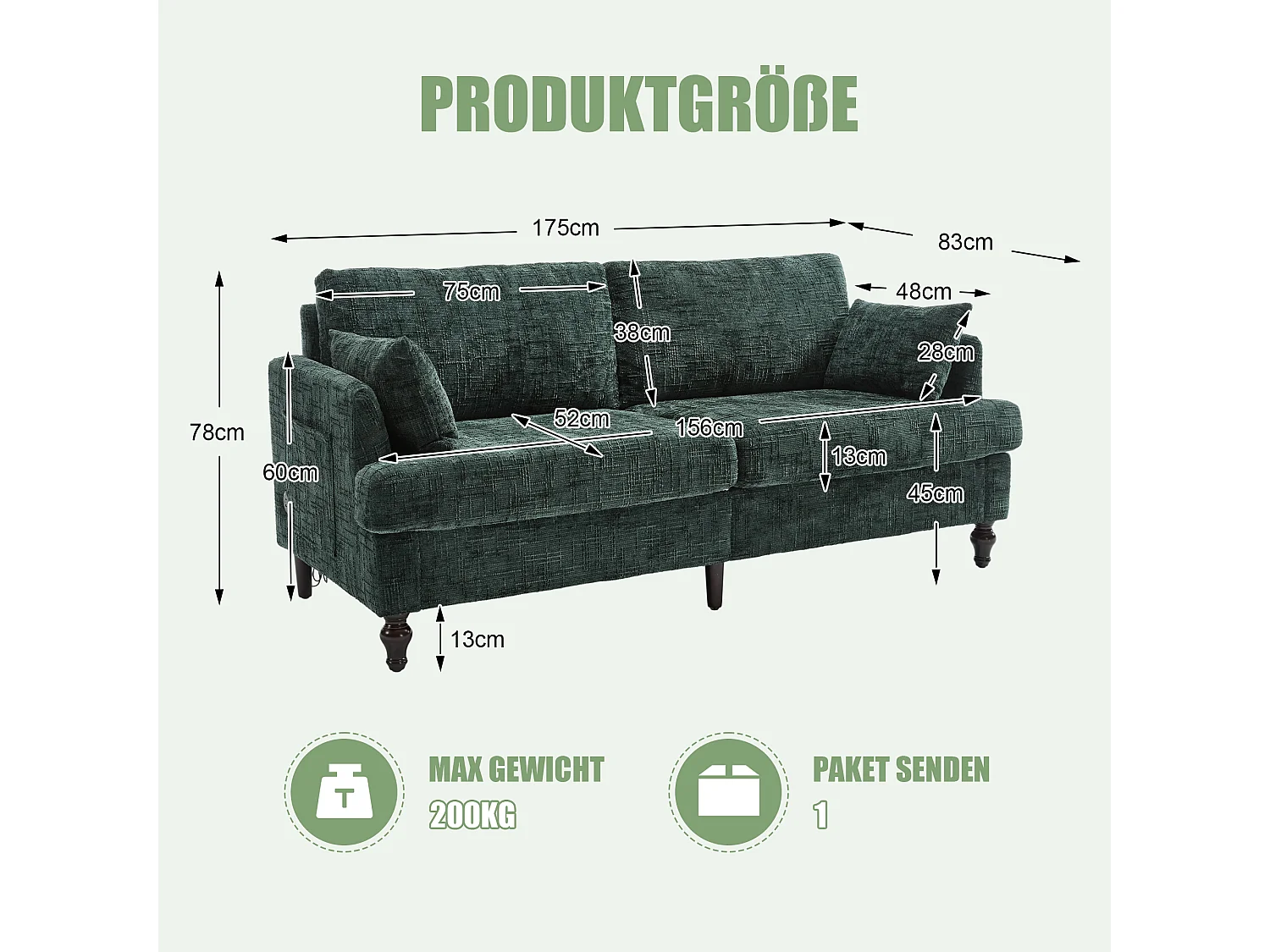 Moderne 2-zits chenillebank met houten poten, LED, USB-aansluiting en opbergruimte (175x83x78 cm)