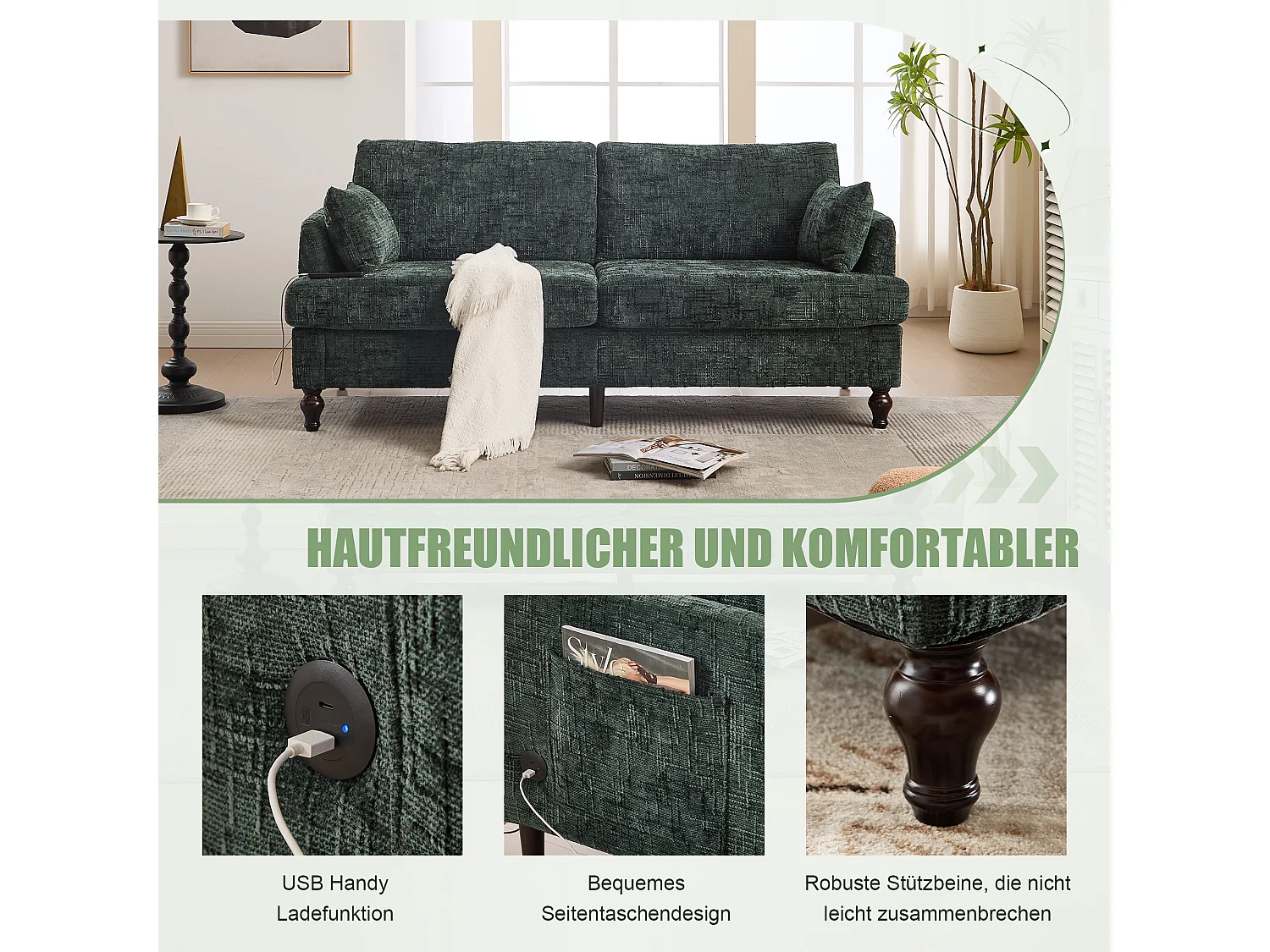 Moderne 2-zits chenillebank met houten poten, LED, USB-aansluiting en opbergruimte (175x83x78 cm)