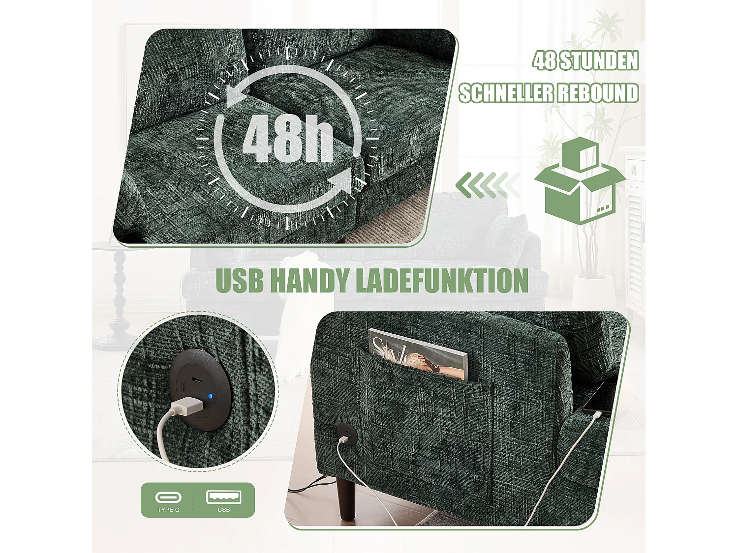 Moderne 2-zits chenillebank met houten poten, LED, USB-aansluiting en opbergruimte (175x83x78 cm)