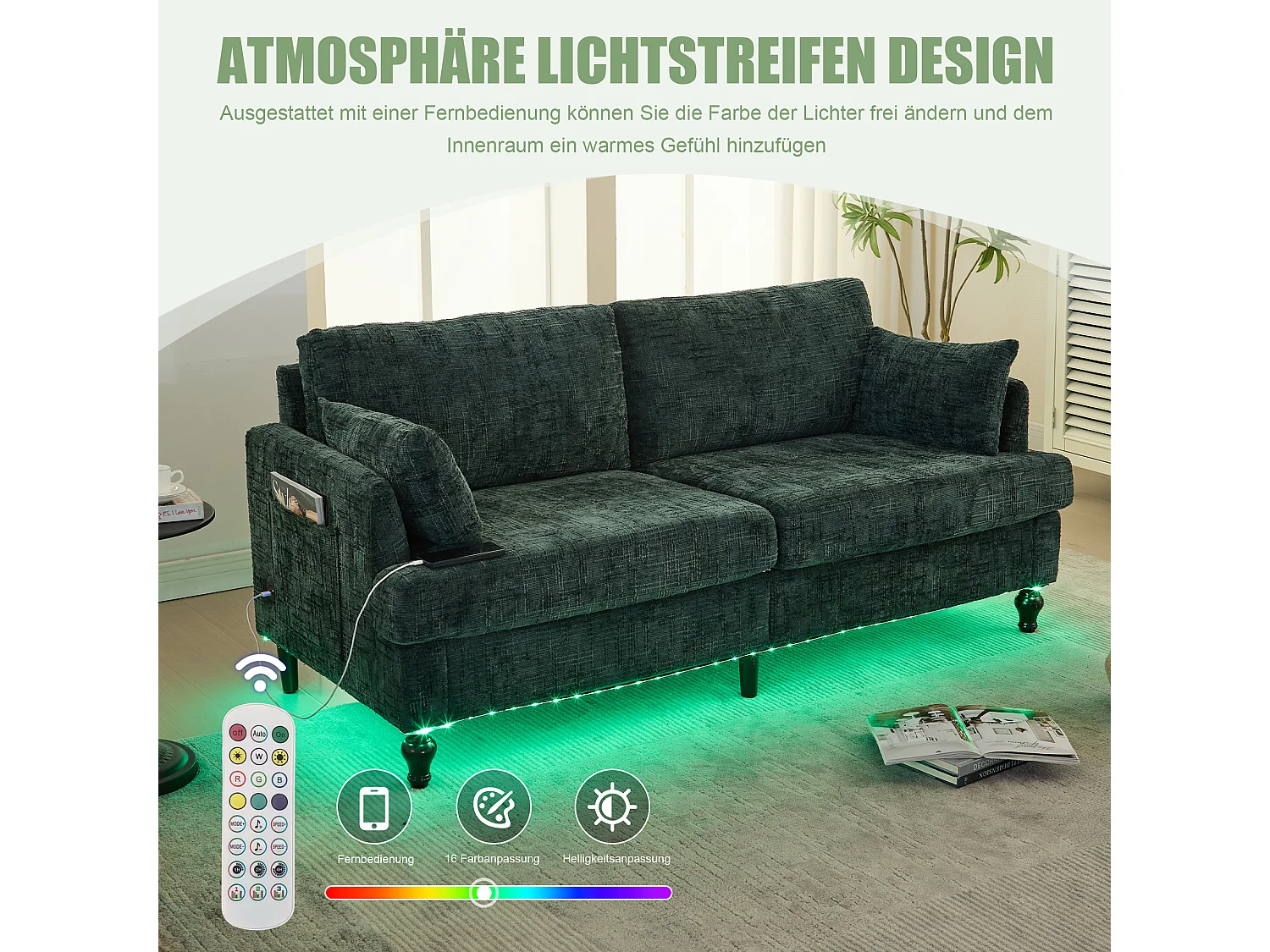 Moderne 2-zits chenillebank met houten poten, LED, USB-aansluiting en opbergruimte (175x83x78 cm)