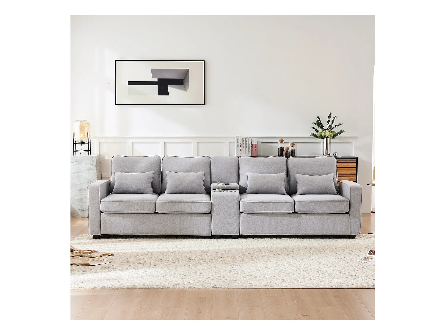 4-zits linnen bank, met console, 2 bekerhouders, 2 USB-aansluitingen, opbergruimte in de armleuningen, 4 kussens, grijs (290x83x88 cm)