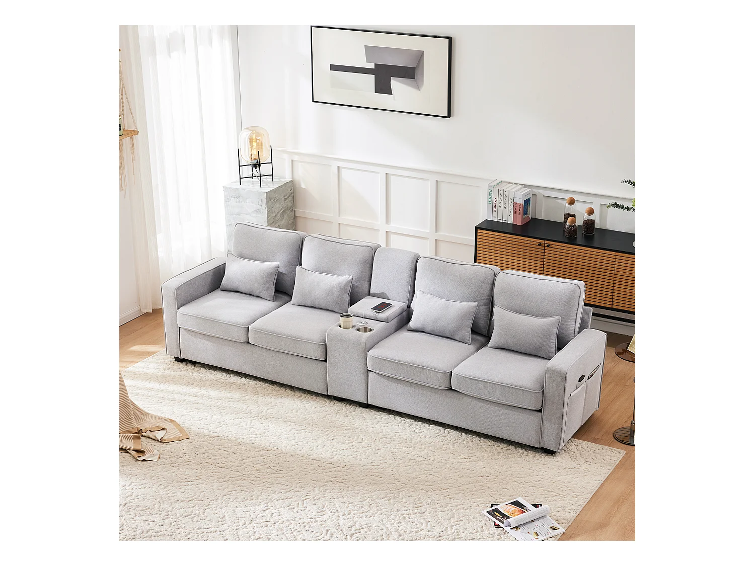 4-zits linnen bank, met console, 2 bekerhouders, 2 USB-aansluitingen, opbergruimte in de armleuningen, 4 kussens, grijs (290x83x88 cm)