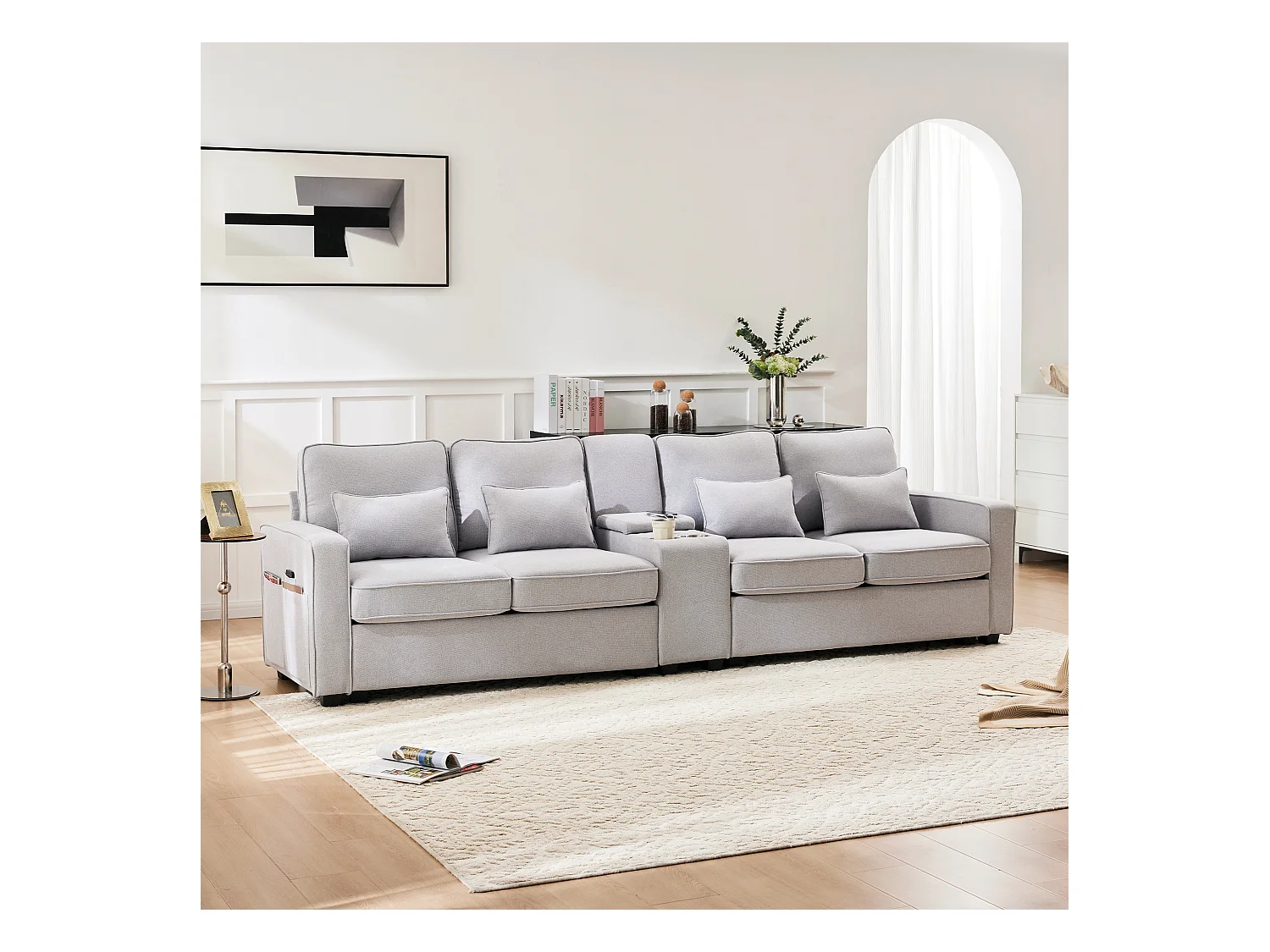 4-zits linnen bank, met console, 2 bekerhouders, 2 USB-aansluitingen, opbergruimte in de armleuningen, 4 kussens, grijs (290x83x88 cm)