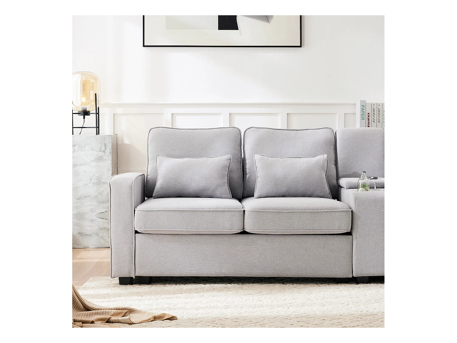 4-zits linnen bank, met console, 2 bekerhouders, 2 USB-aansluitingen, opbergruimte in de armleuningen, 4 kussens, grijs (290x83x88 cm)