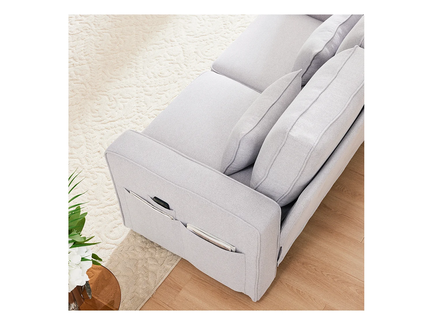 4-zits linnen bank, met console, 2 bekerhouders, 2 USB-aansluitingen, opbergruimte in de armleuningen, 4 kussens, grijs (290x83x88 cm)