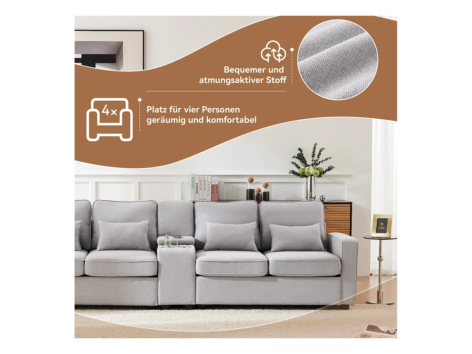 4-zits linnen bank, met console, 2 bekerhouders, 2 USB-aansluitingen, opbergruimte in de armleuningen, 4 kussens, grijs (290x83x88 cm)