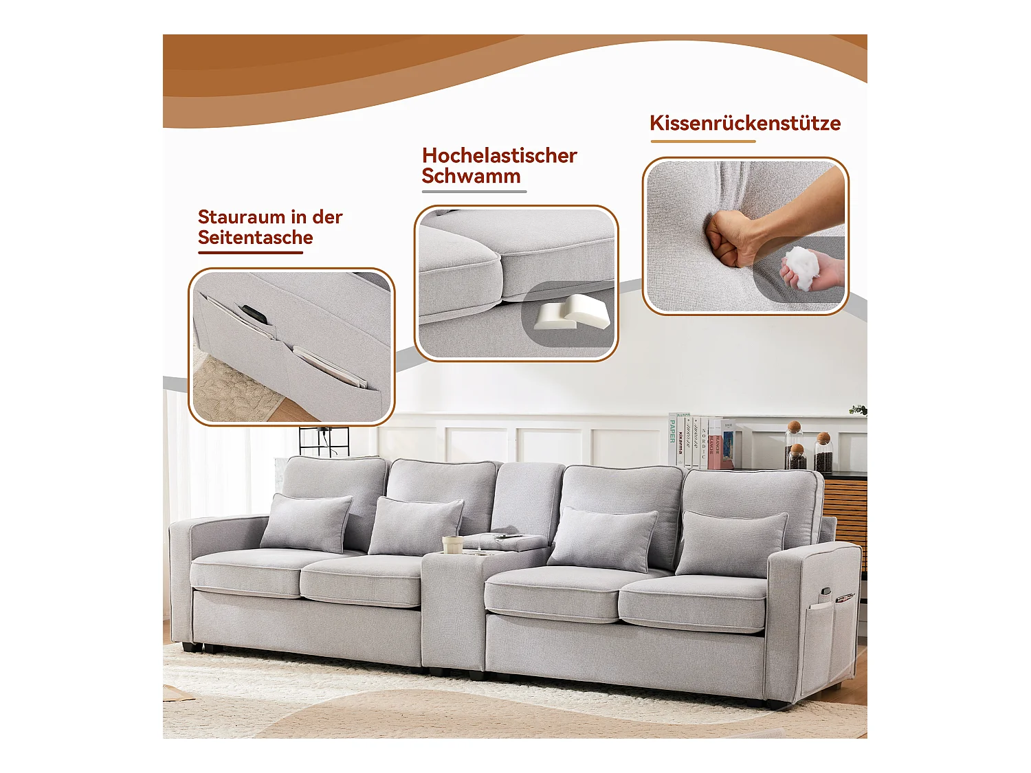 4-zits linnen bank, met console, 2 bekerhouders, 2 USB-aansluitingen, opbergruimte in de armleuningen, 4 kussens, grijs (290x83x88 cm)