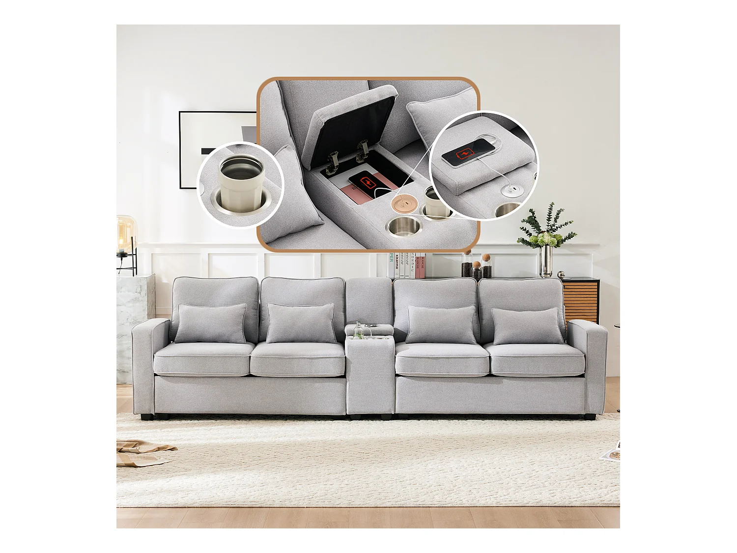 Canapé 4 places en lin, avec console, 2 porte-gobelets, 2 ports USB, rangement dans les accoudoirs, 4 coussins, gris (290x83x88 cm)
