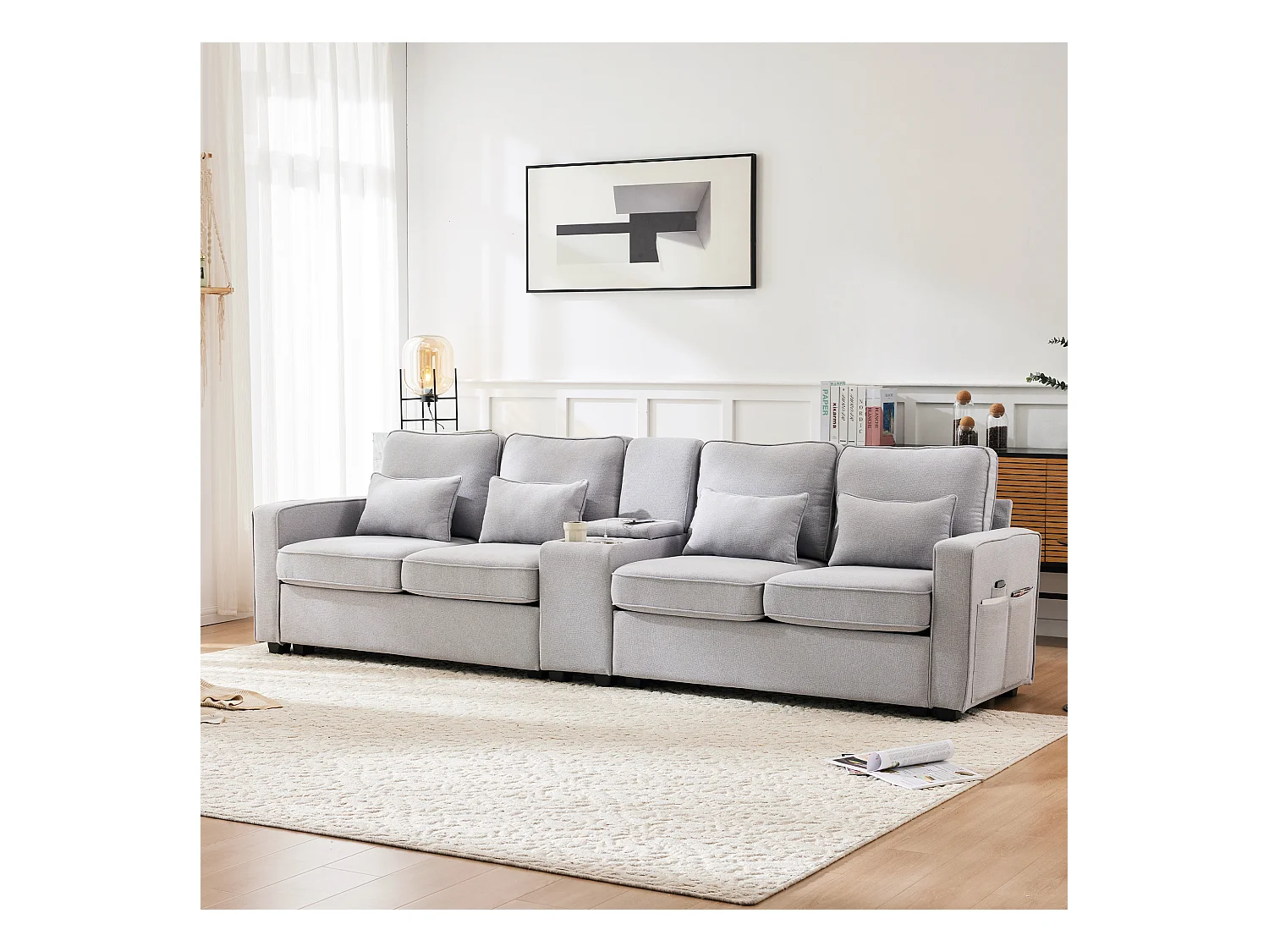 Canapé 4 places en lin, avec console, 2 porte-gobelets, 2 ports USB, rangement dans les accoudoirs, 4 coussins, gris (290x83x88 cm)