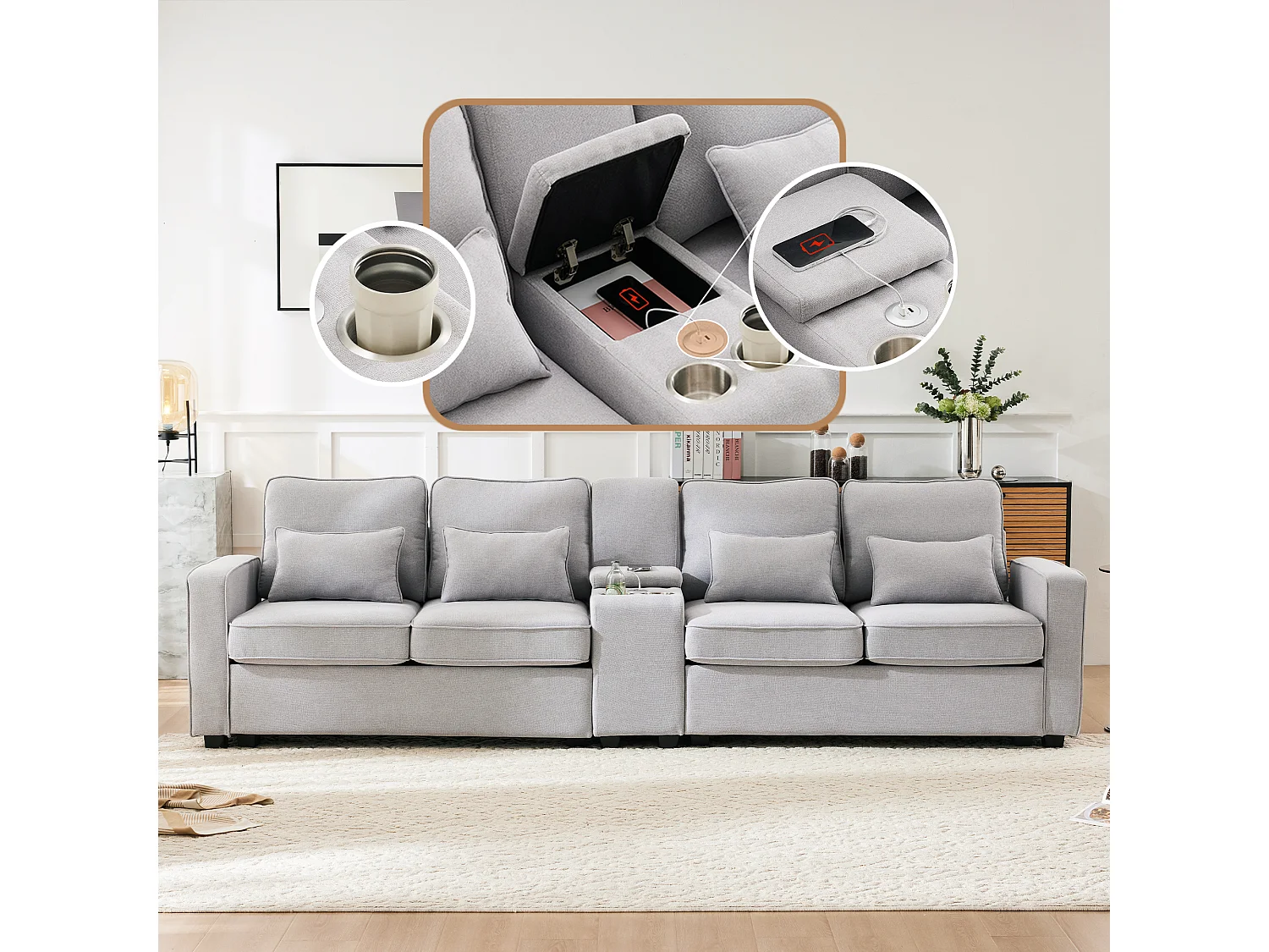 Canapé 4 places en lin, avec console, 2 porte-gobelets, 2 ports USB, rangement dans les accoudoirs, 4 coussins, gris (290x83x88 cm)