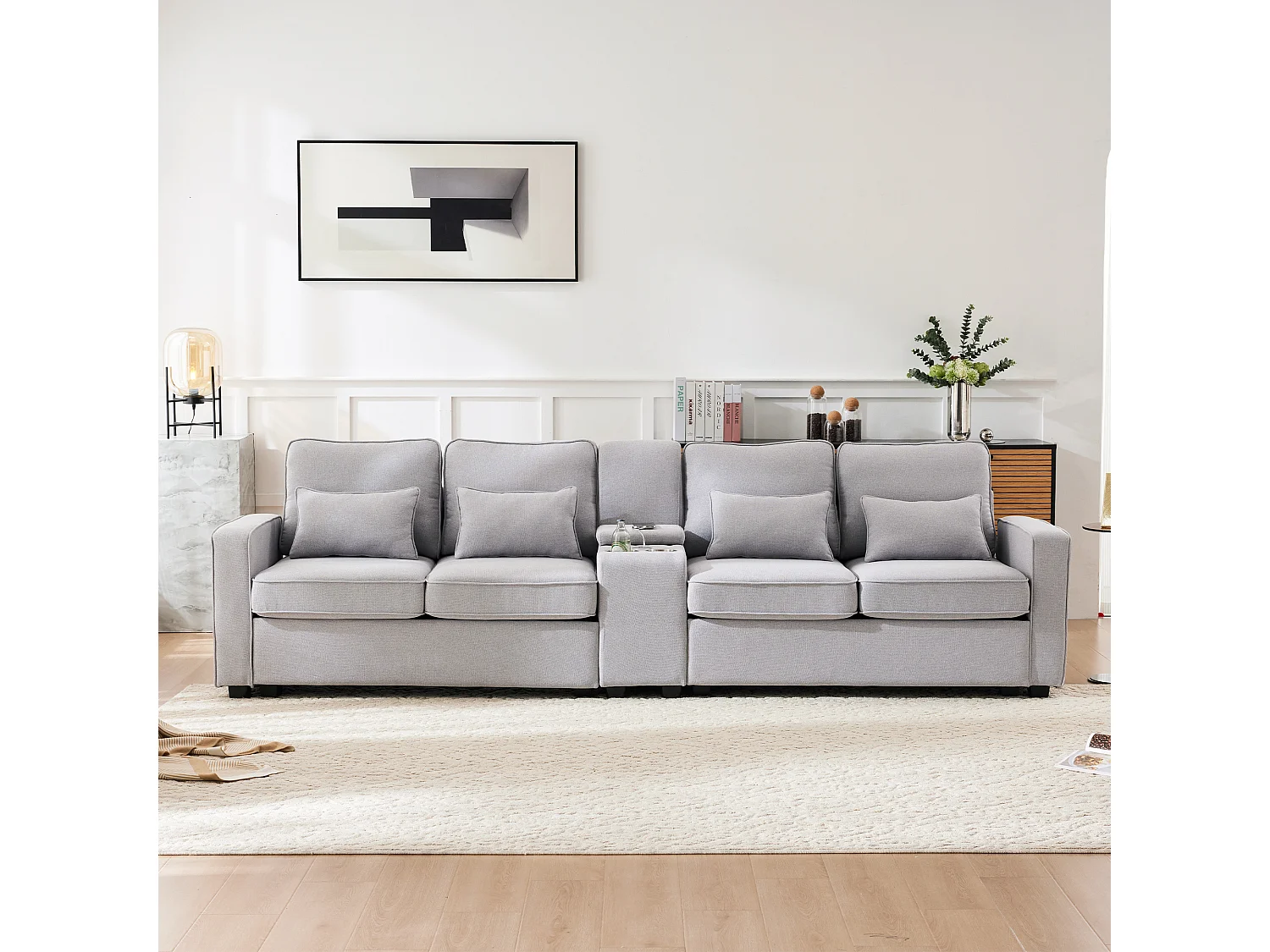 Canapé 4 places en lin, avec console, 2 porte-gobelets, 2 ports USB, rangement dans les accoudoirs, 4 coussins, gris (290x83x88 cm)