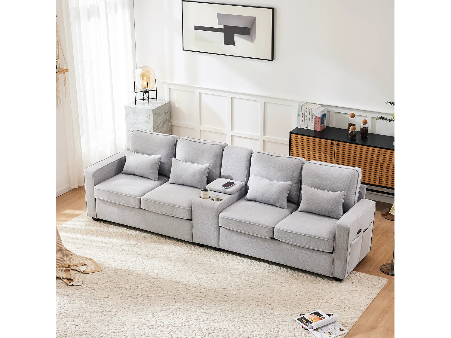 Canapé 4 places en lin, avec console, 2 porte-gobelets, 2 ports USB, rangement dans les accoudoirs, 4 coussins, gris (290x83x88 cm)
