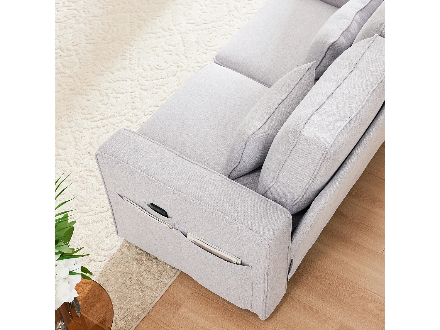 Canapé 4 places en lin, avec console, 2 porte-gobelets, 2 ports USB, rangement dans les accoudoirs, 4 coussins, gris (290x83x88 cm)