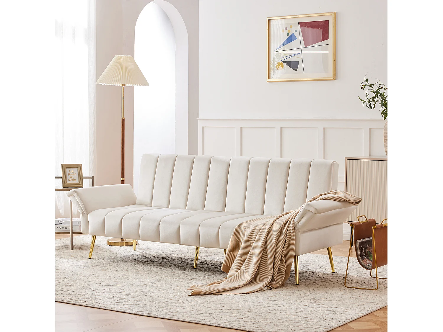 Canapé convertible en lit, canapé 2 places en velours, avec dossier et accoudoirs ajustables, beige (183x76x75 cm)