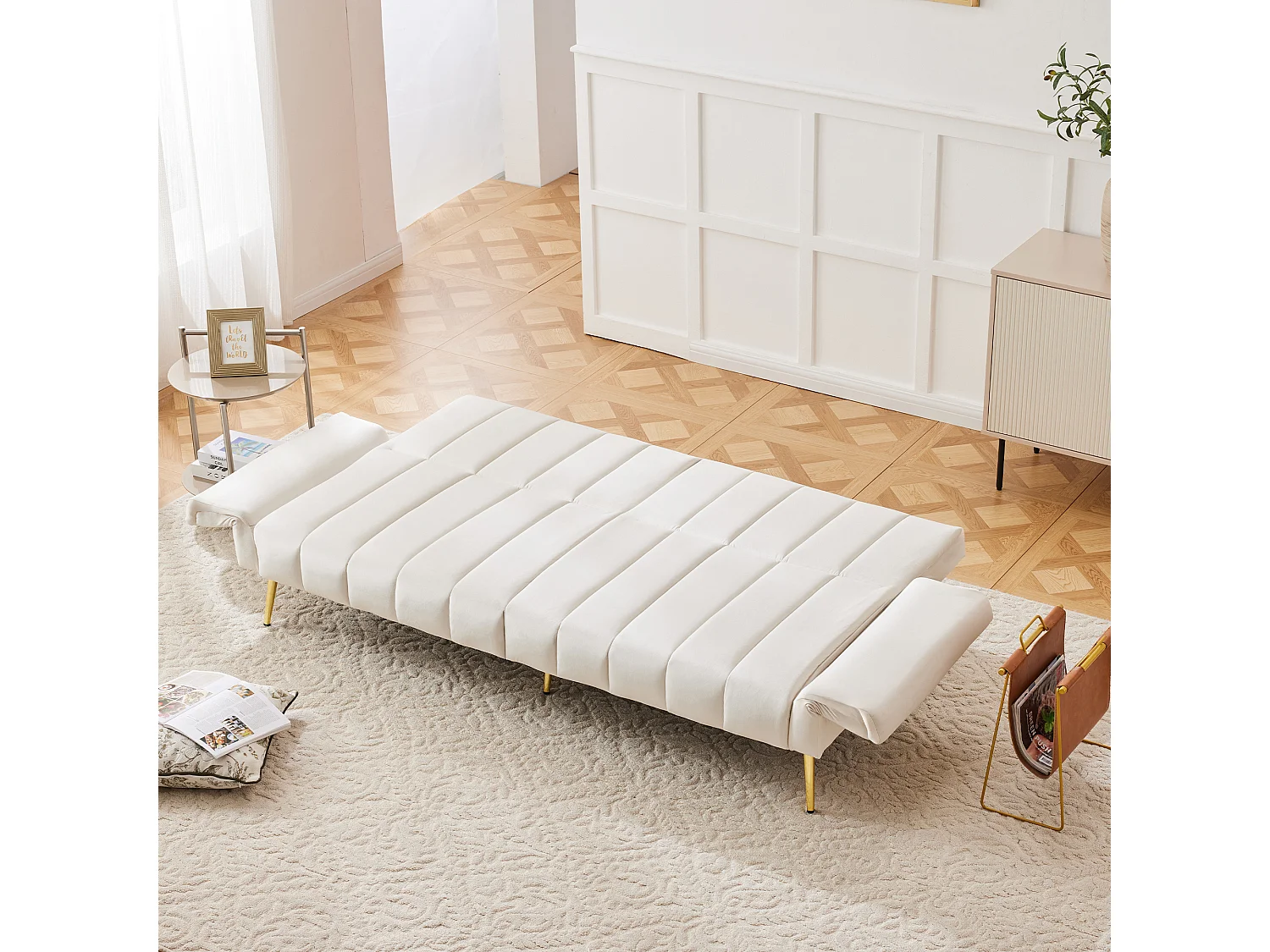 Canapé convertible en lit, canapé 2 places en velours, avec dossier et accoudoirs ajustables, beige (183x76x75 cm)