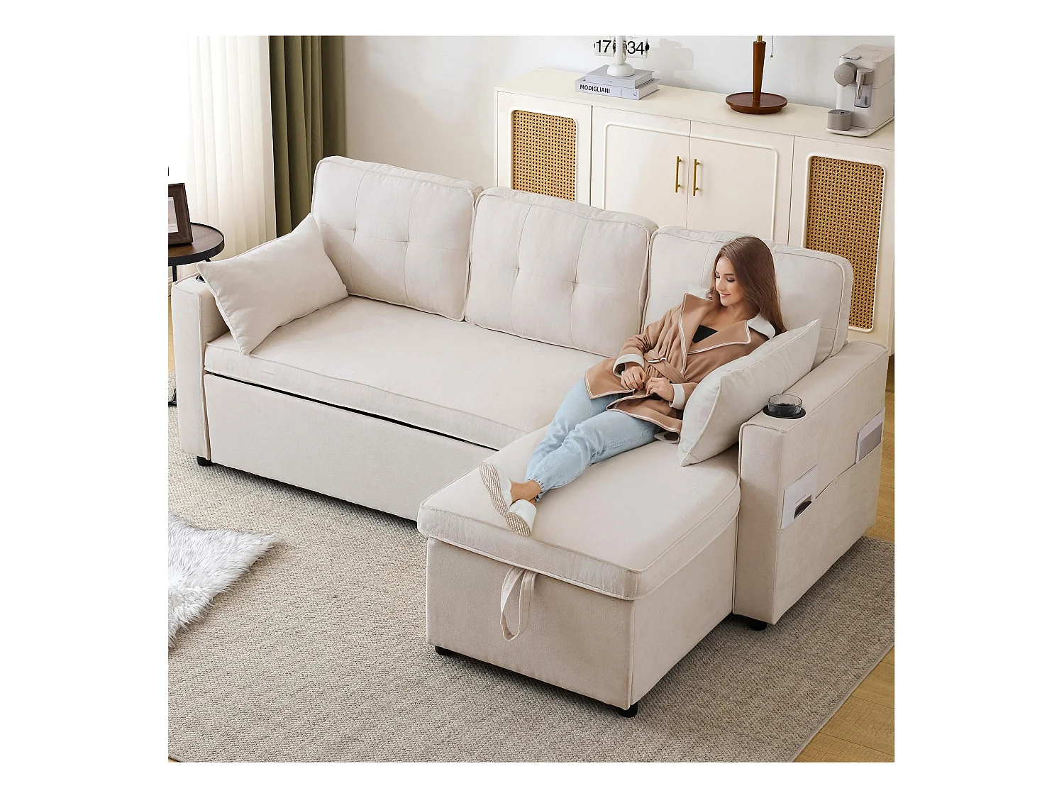 Canapé L-forme avec fonction lit, en lin, 3 places, avec rangement, porte-gobelets, beige (211x130x86 cm)