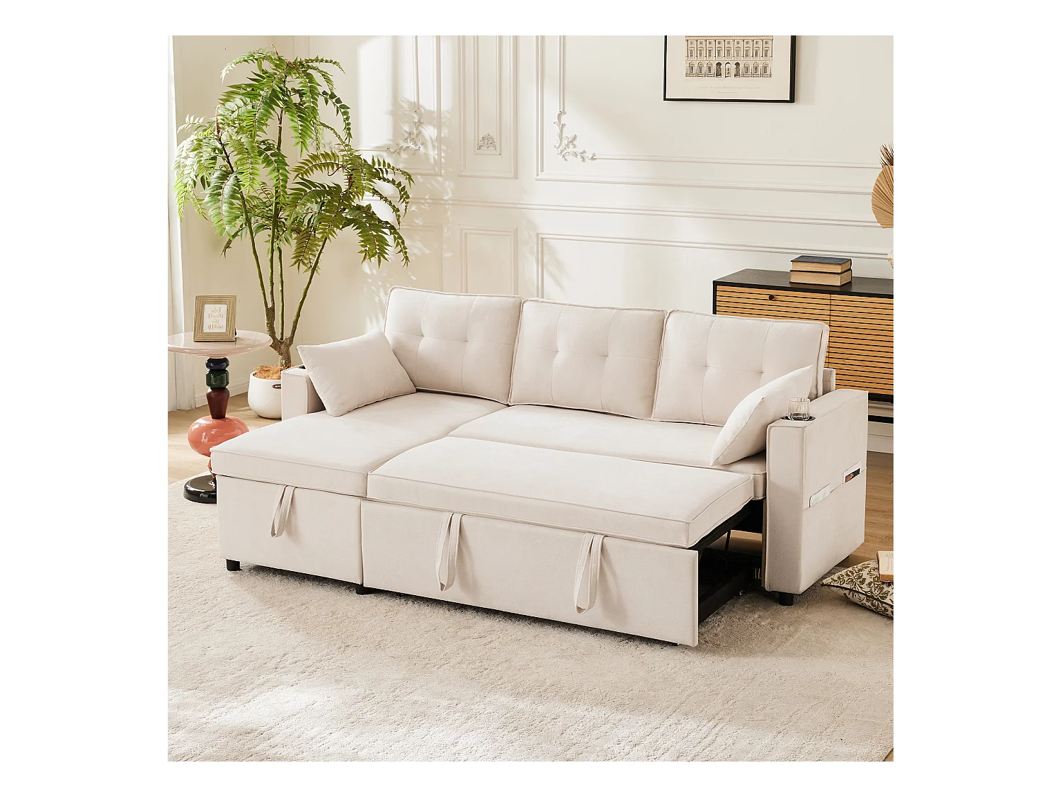 Canapé L-forme avec fonction lit, en lin, 3 places, avec rangement, porte-gobelets, beige (211x130x86 cm)