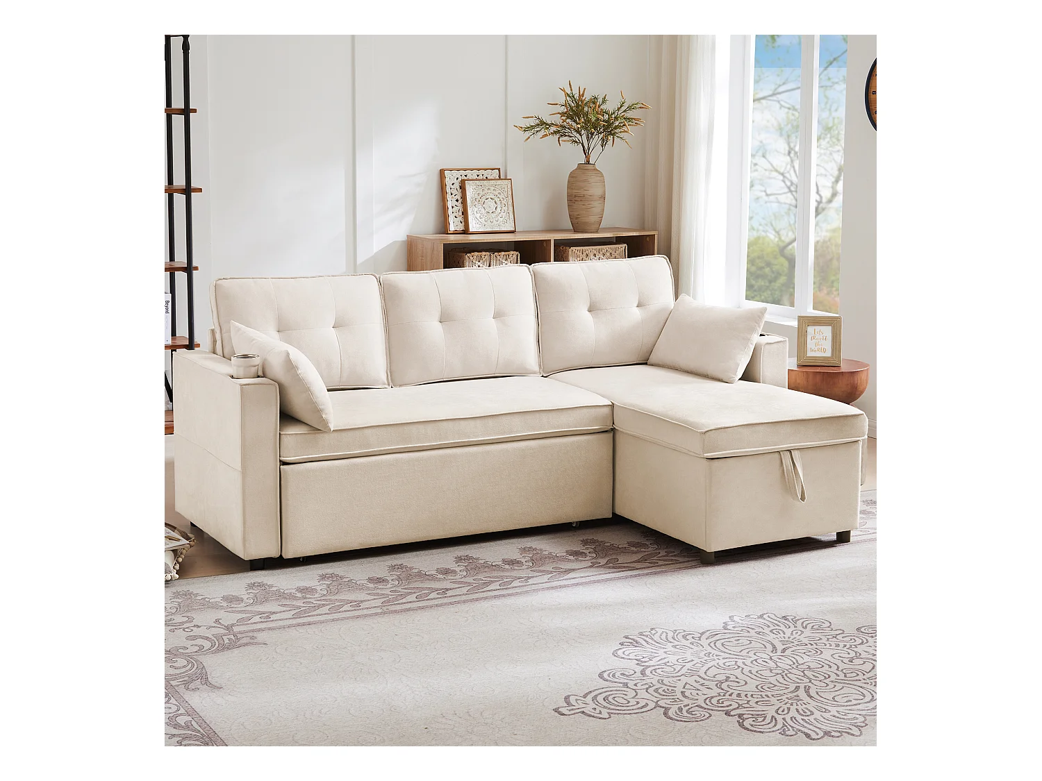 Canapé L-forme avec fonction lit, en lin, 3 places, avec rangement, porte-gobelets, beige (211x130x86 cm)