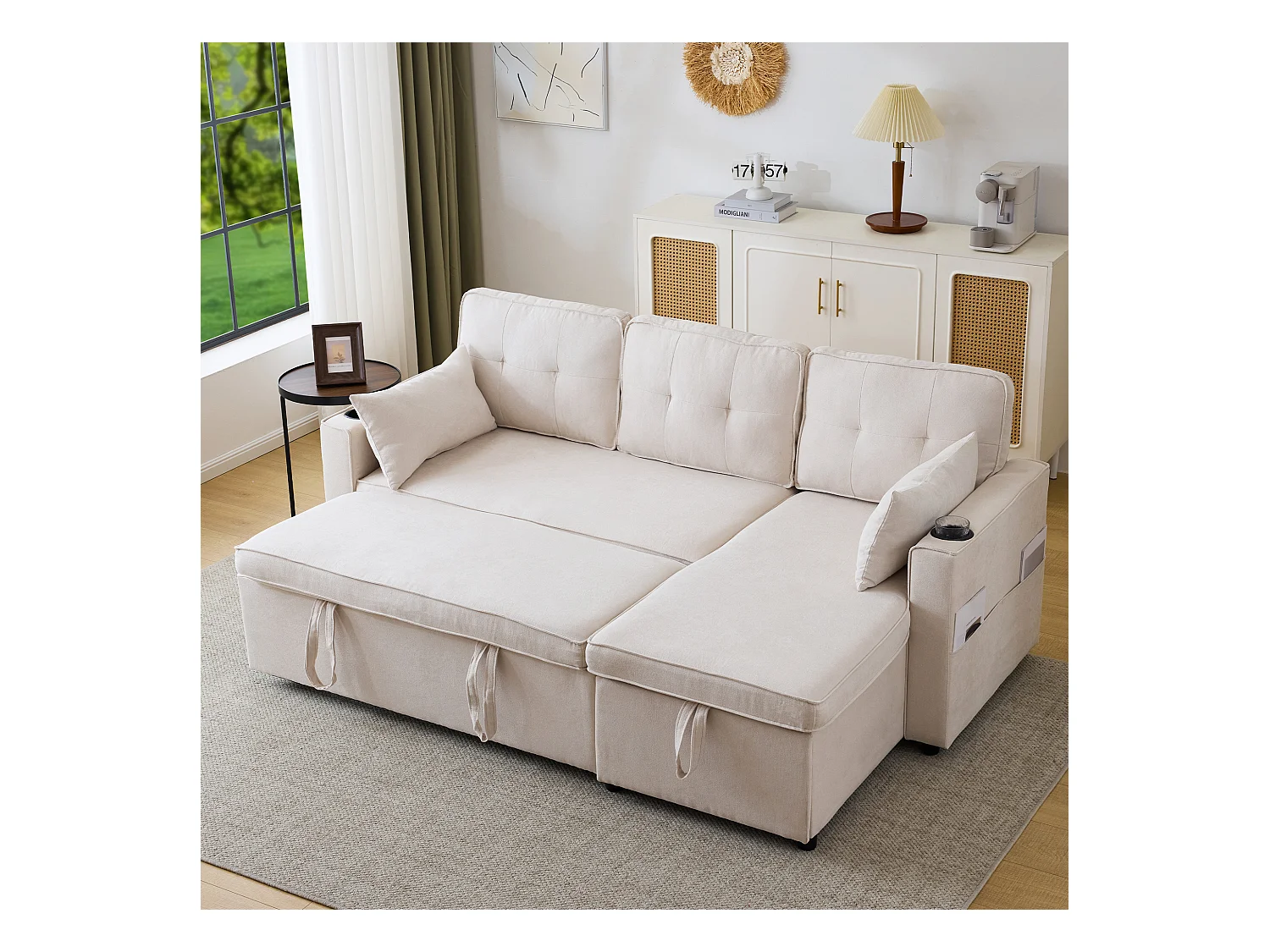 Canapé L-forme avec fonction lit, en lin, 3 places, avec rangement, porte-gobelets, beige (211x130x86 cm)