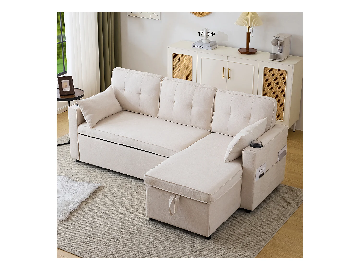 Canapé L-forme avec fonction lit, en lin, 3 places, avec rangement, porte-gobelets, beige (211x130x86 cm)