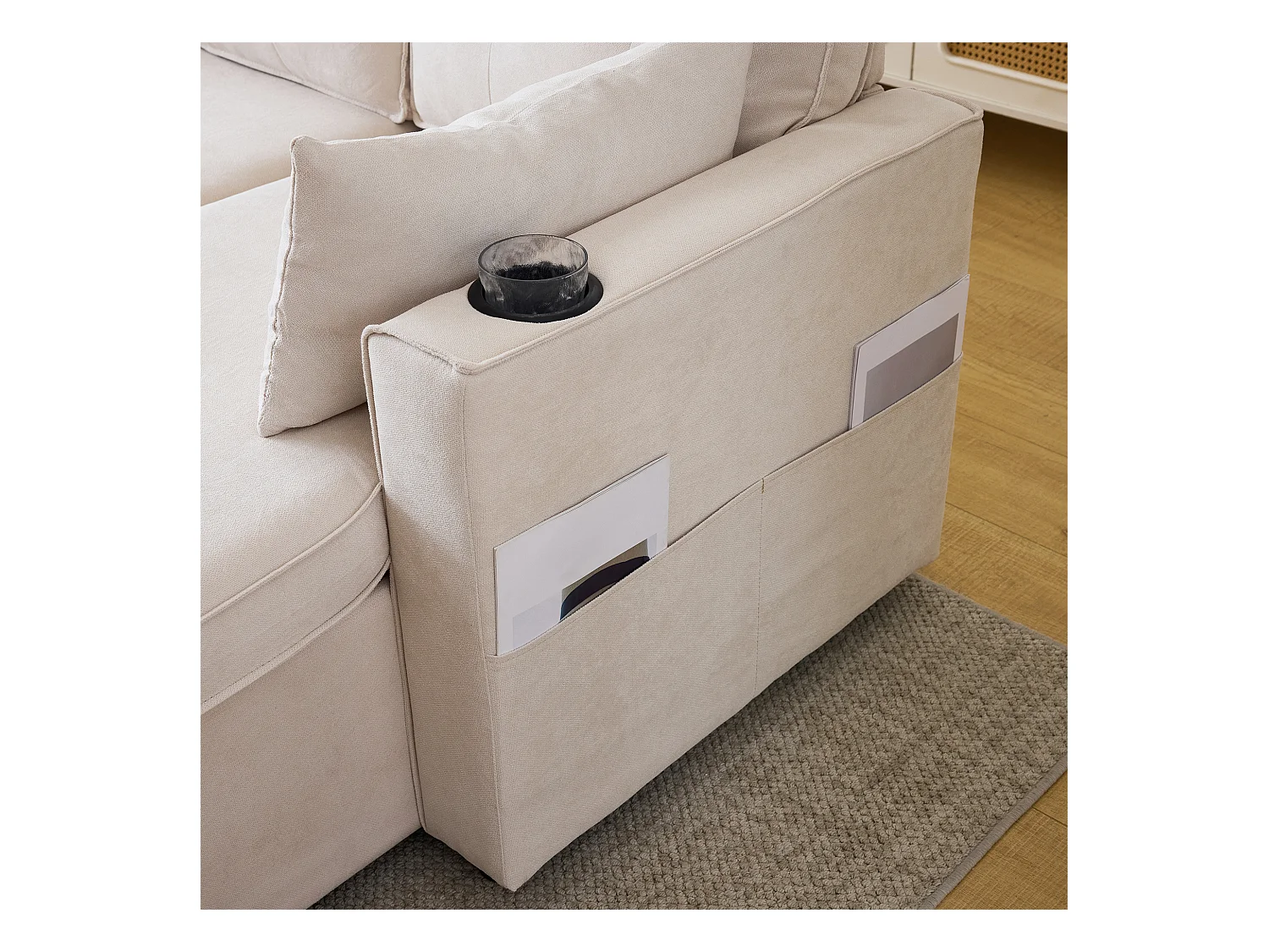 Canapé L-forme avec fonction lit, en lin, 3 places, avec rangement, porte-gobelets, beige (211x130x86 cm)