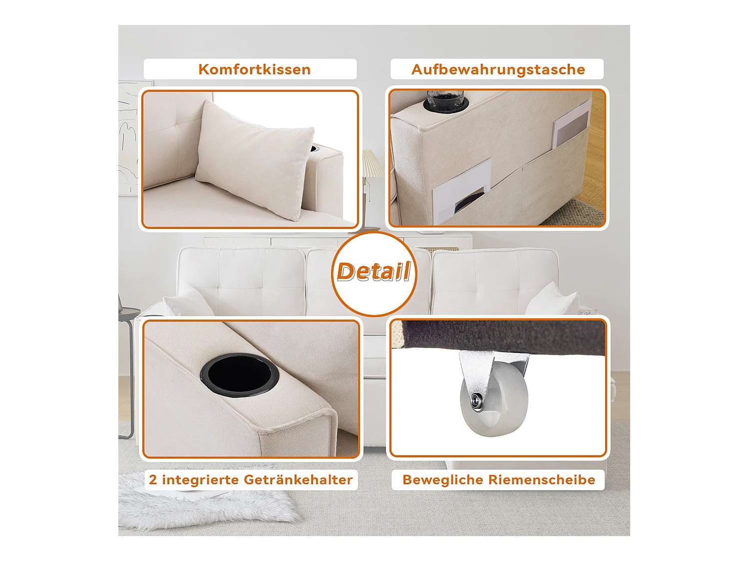 Canapé L-forme avec fonction lit, en lin, 3 places, avec rangement, porte-gobelets, beige (211x130x86 cm)