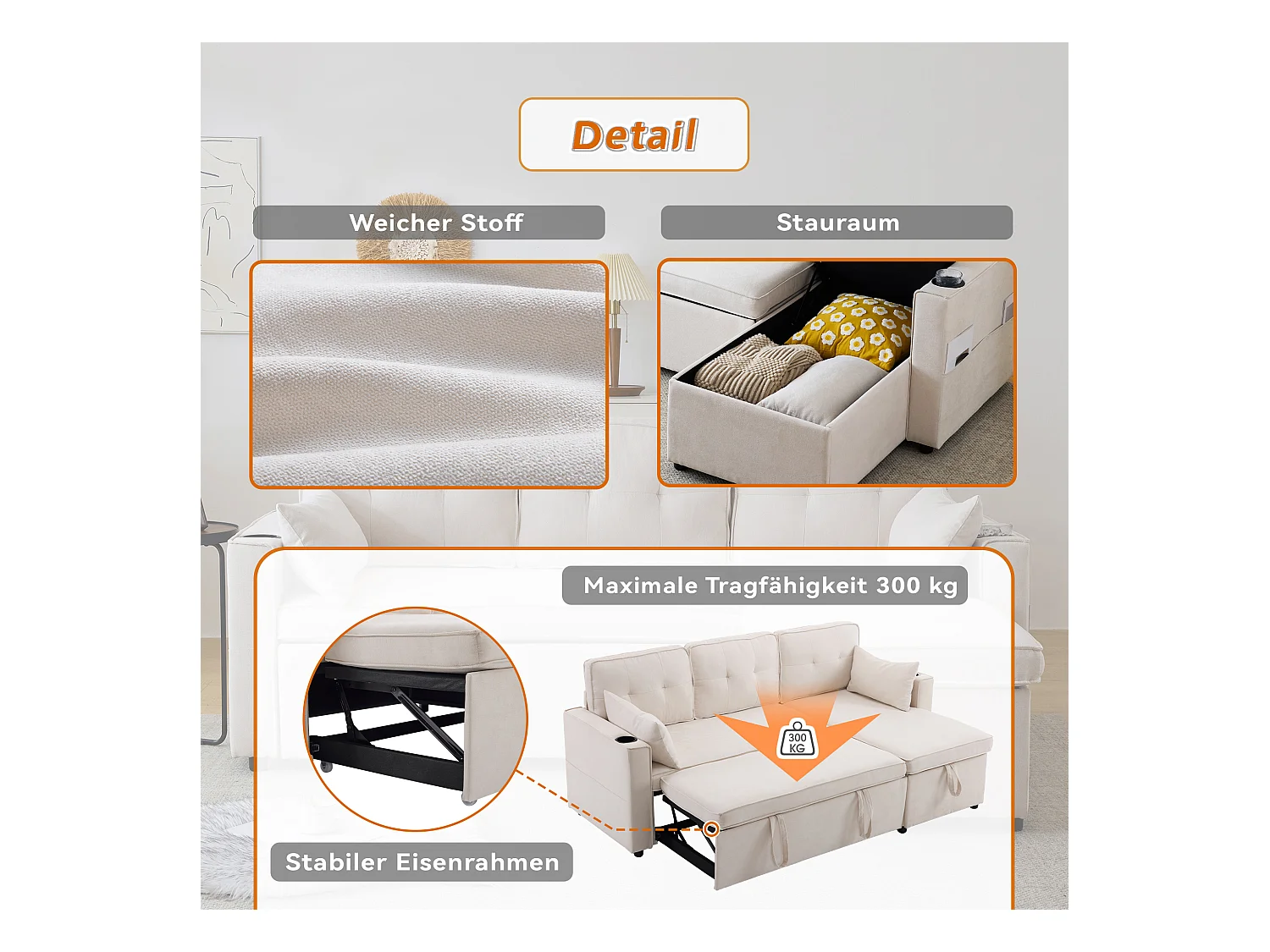 Canapé L-forme avec fonction lit, en lin, 3 places, avec rangement, porte-gobelets, beige (211x130x86 cm)