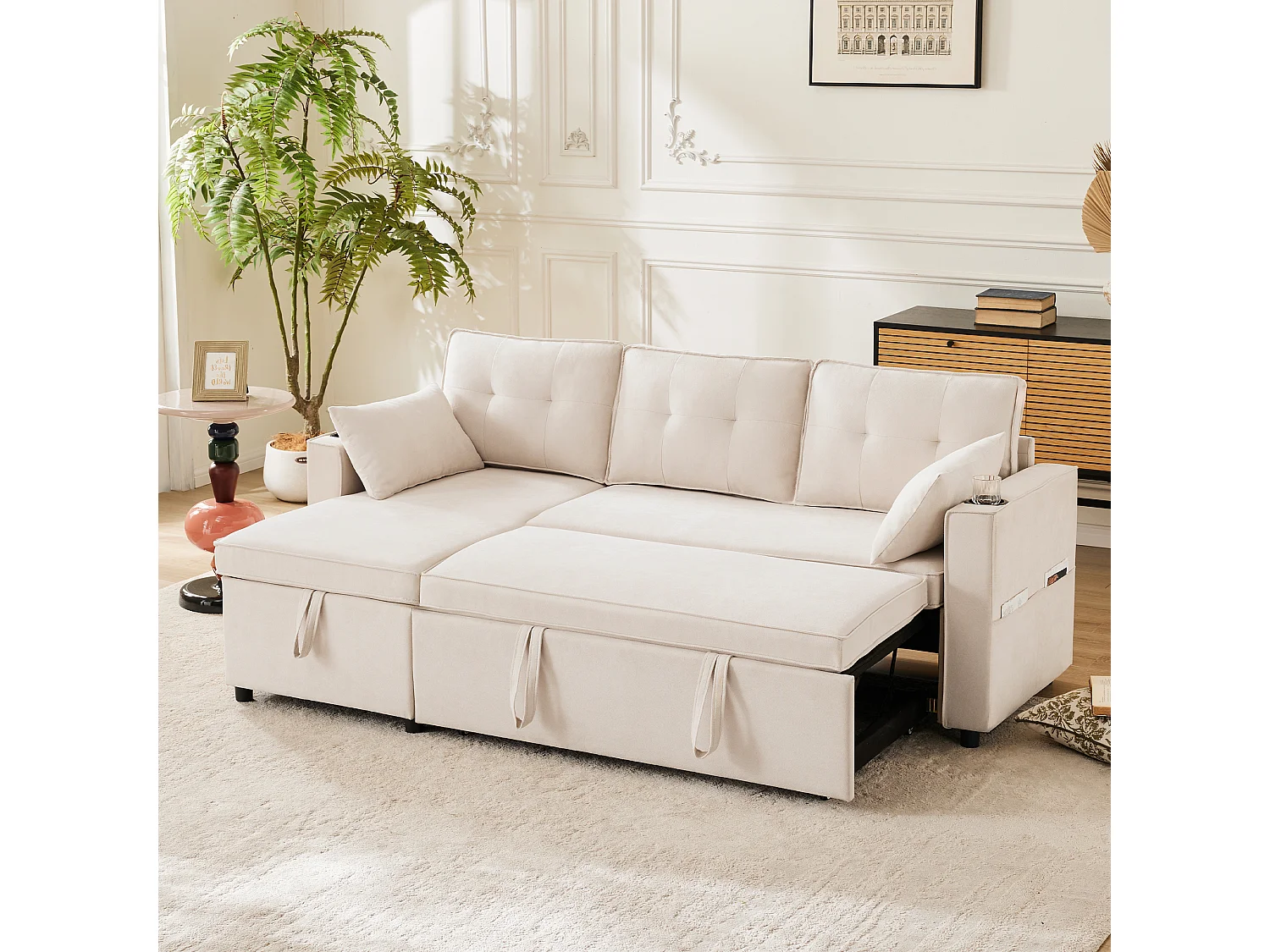 Canapé L-forme avec fonction lit, en lin, 3 places, avec rangement, porte-gobelets, beige (211x130x86 cm)