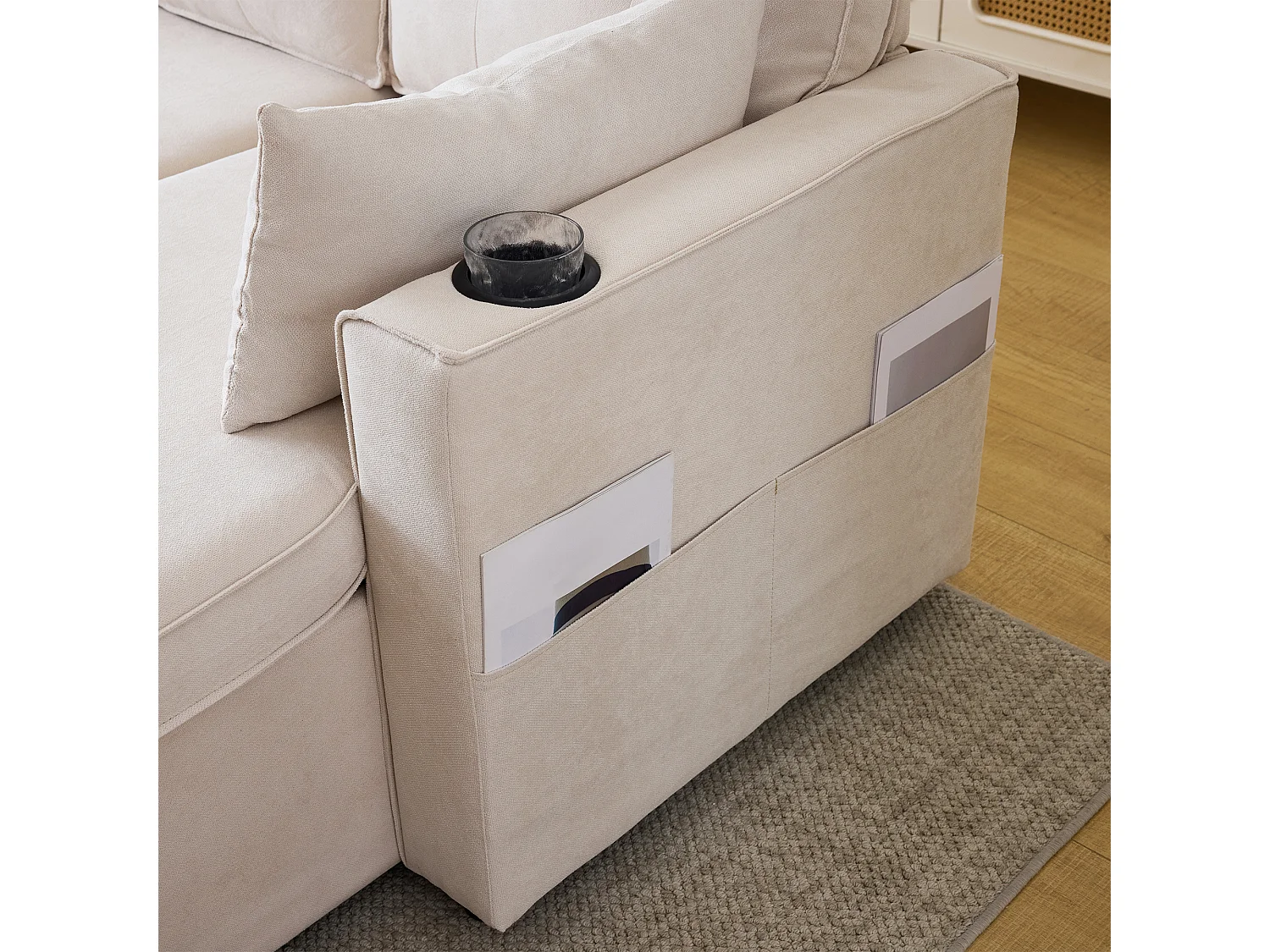 Canapé L-forme avec fonction lit, en lin, 3 places, avec rangement, porte-gobelets, beige (211x130x86 cm)