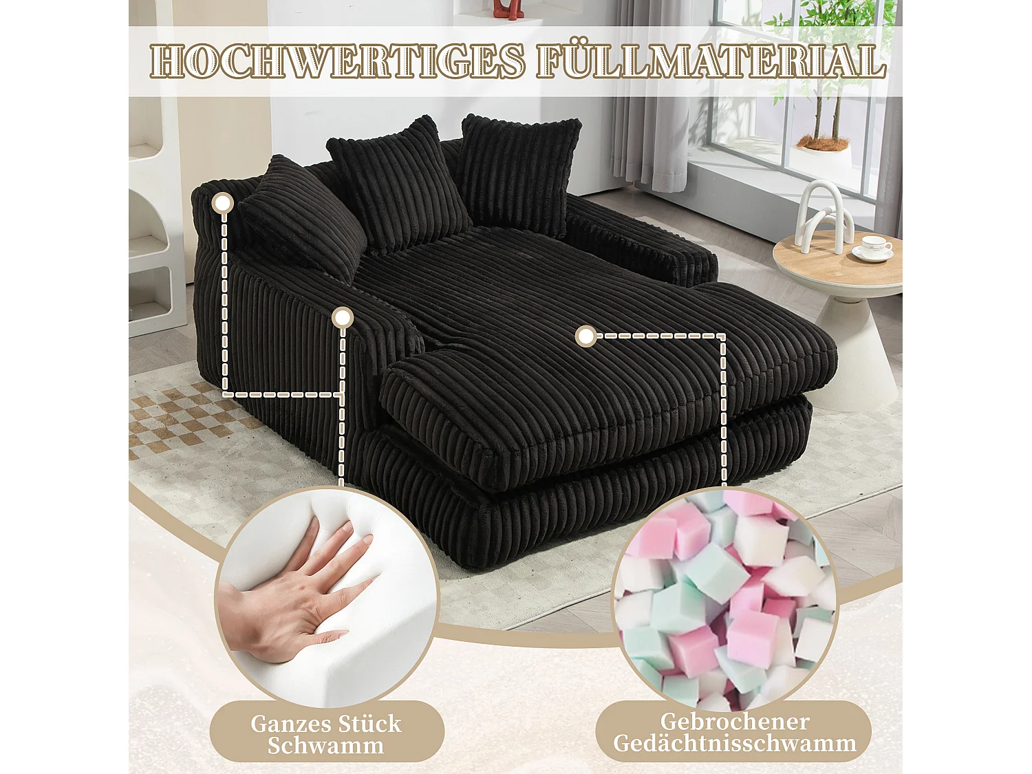 Canapé-lit moderne en velours côtelé, canapé nuage avec 3 coussins, fauteuil confortable pour salon, chambre et bureau (Noir) (125x155x63 cm)