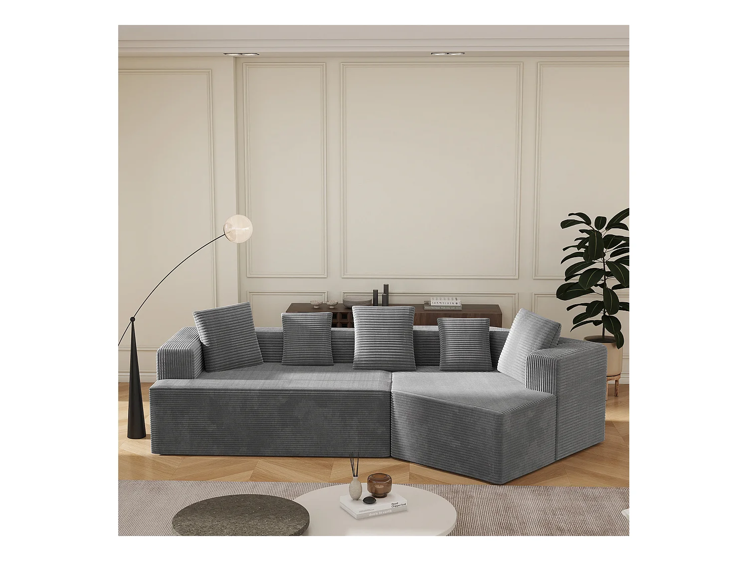 Canapé modulaire en velours côtelé, 3 places, design minimaliste, gris (307x159x67cm)