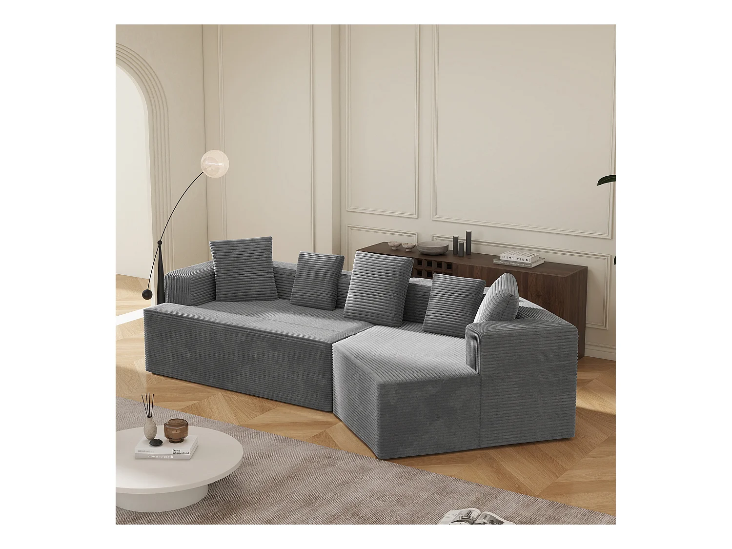 Canapé modulaire en velours côtelé, 3 places, design minimaliste, gris (307x159x67cm)