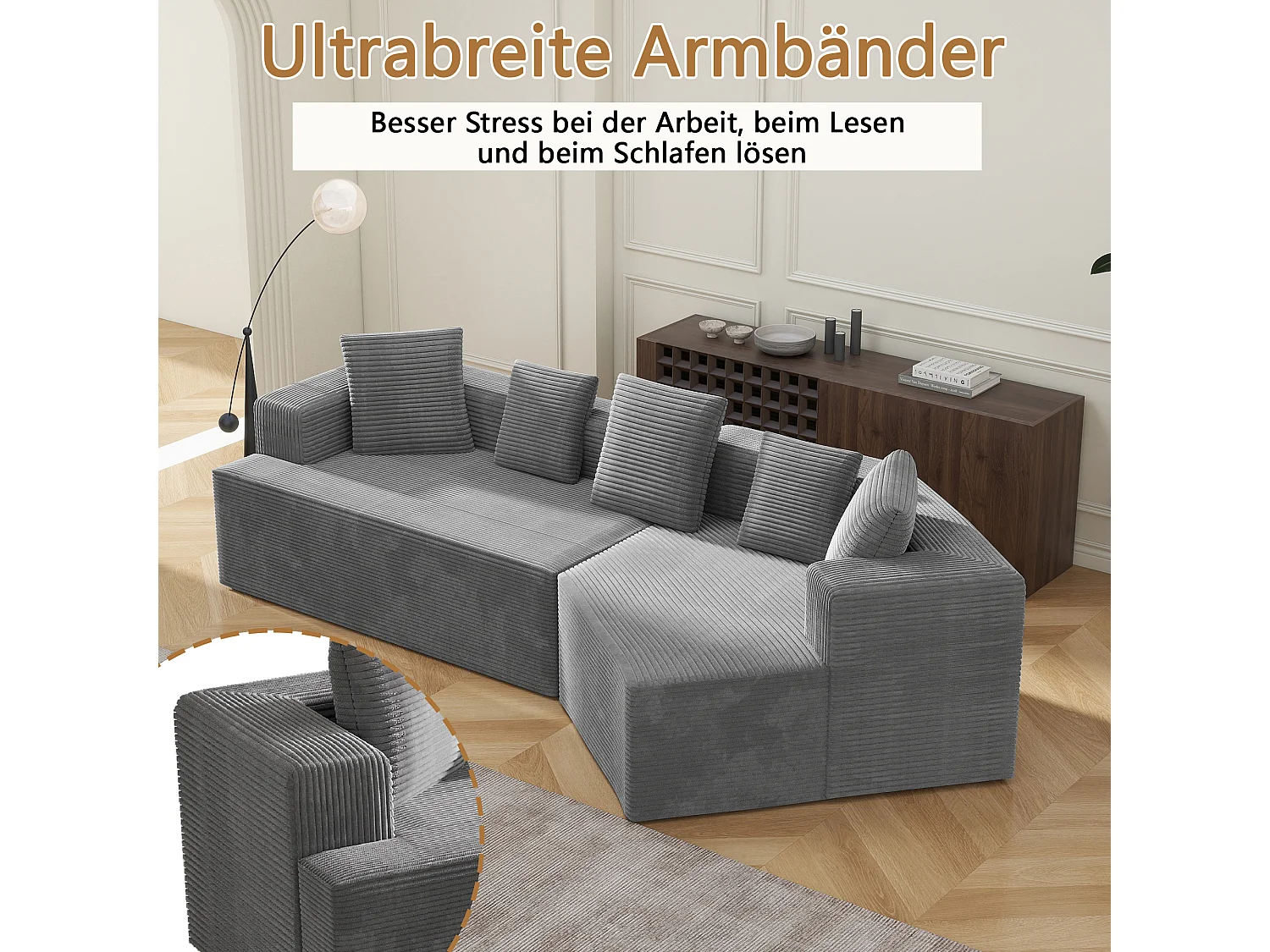 Canapé modulaire en velours côtelé, 3 places, design minimaliste, gris (307x159x67cm)