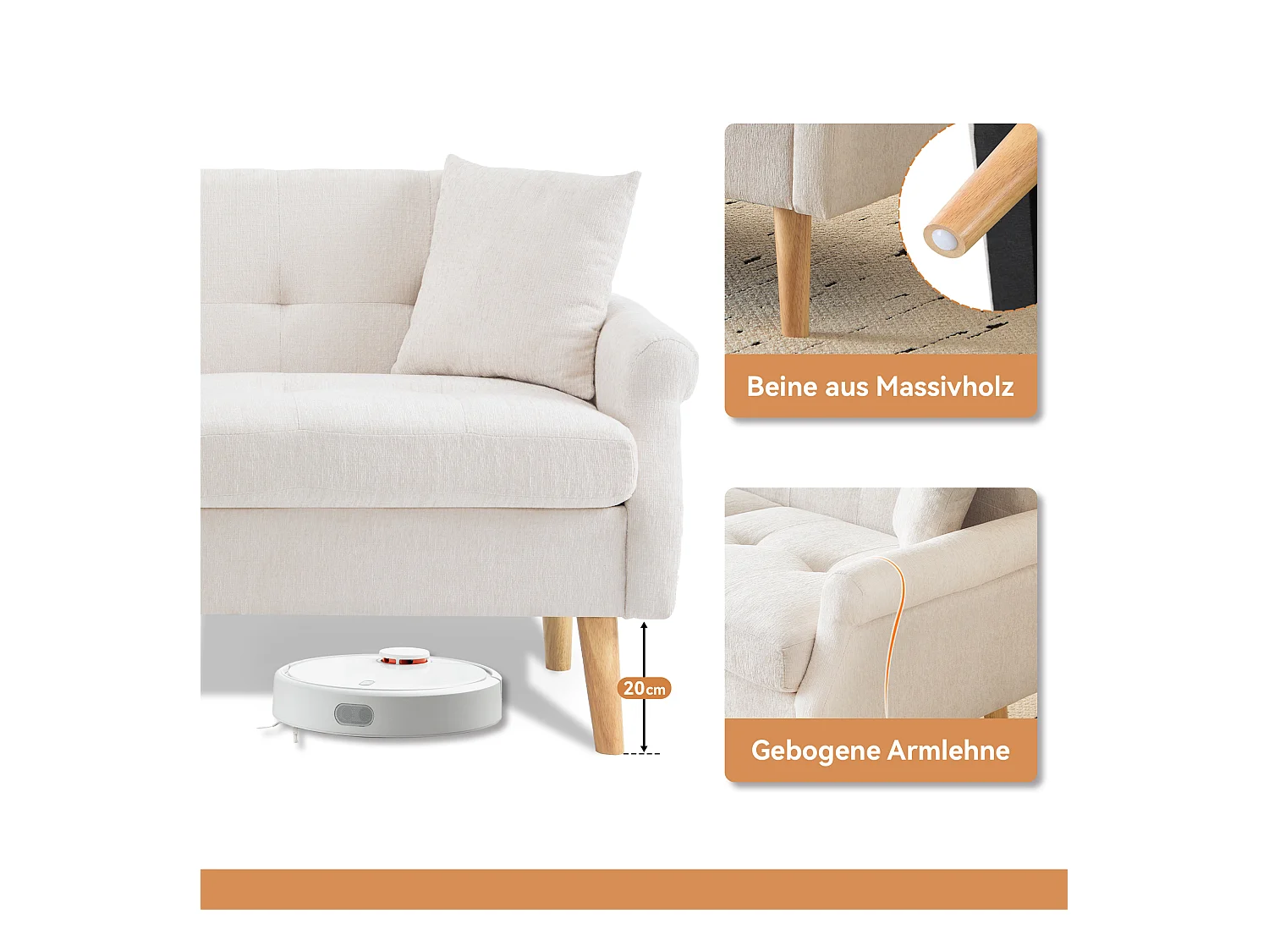 Sofá de 2 plazas de chenilla, diseño moderno, tapizado con cojines gruesos, color beige (162x74x77 cm)