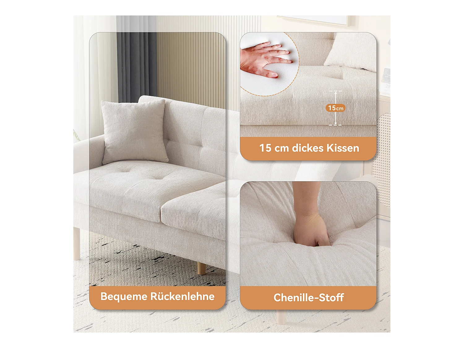 Sofá de 2 plazas de chenilla, diseño moderno, tapizado con cojines gruesos, color beige (162x74x77 cm)